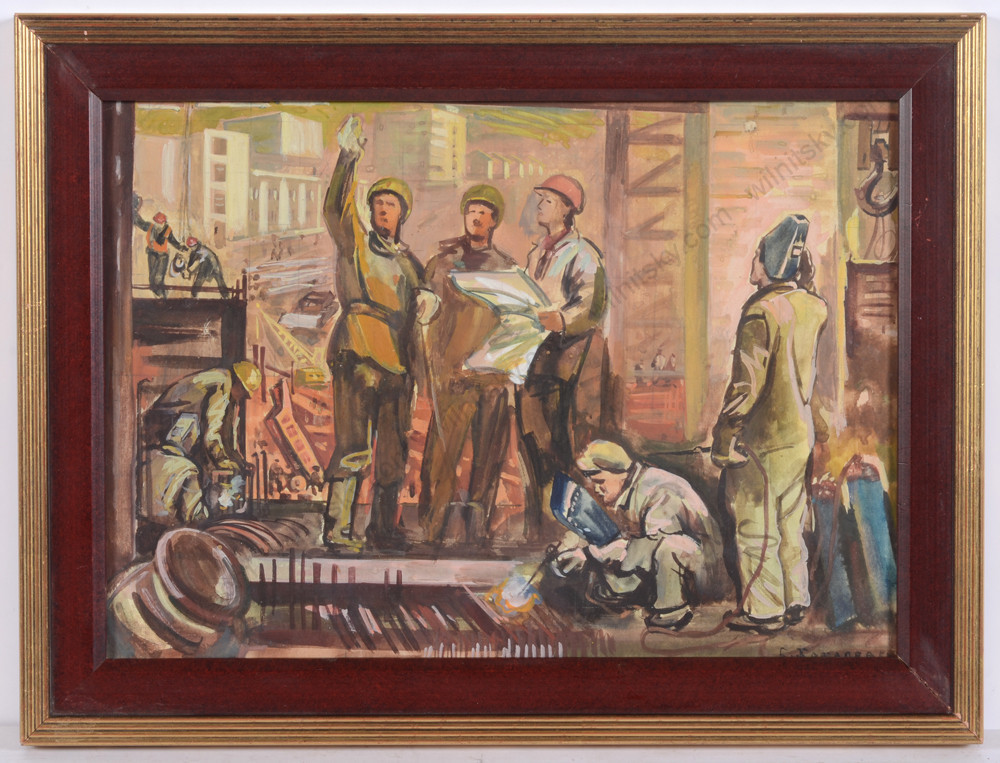Sergei Khokhalev (b.1916), «Construction Workers», Watercolor, 1965