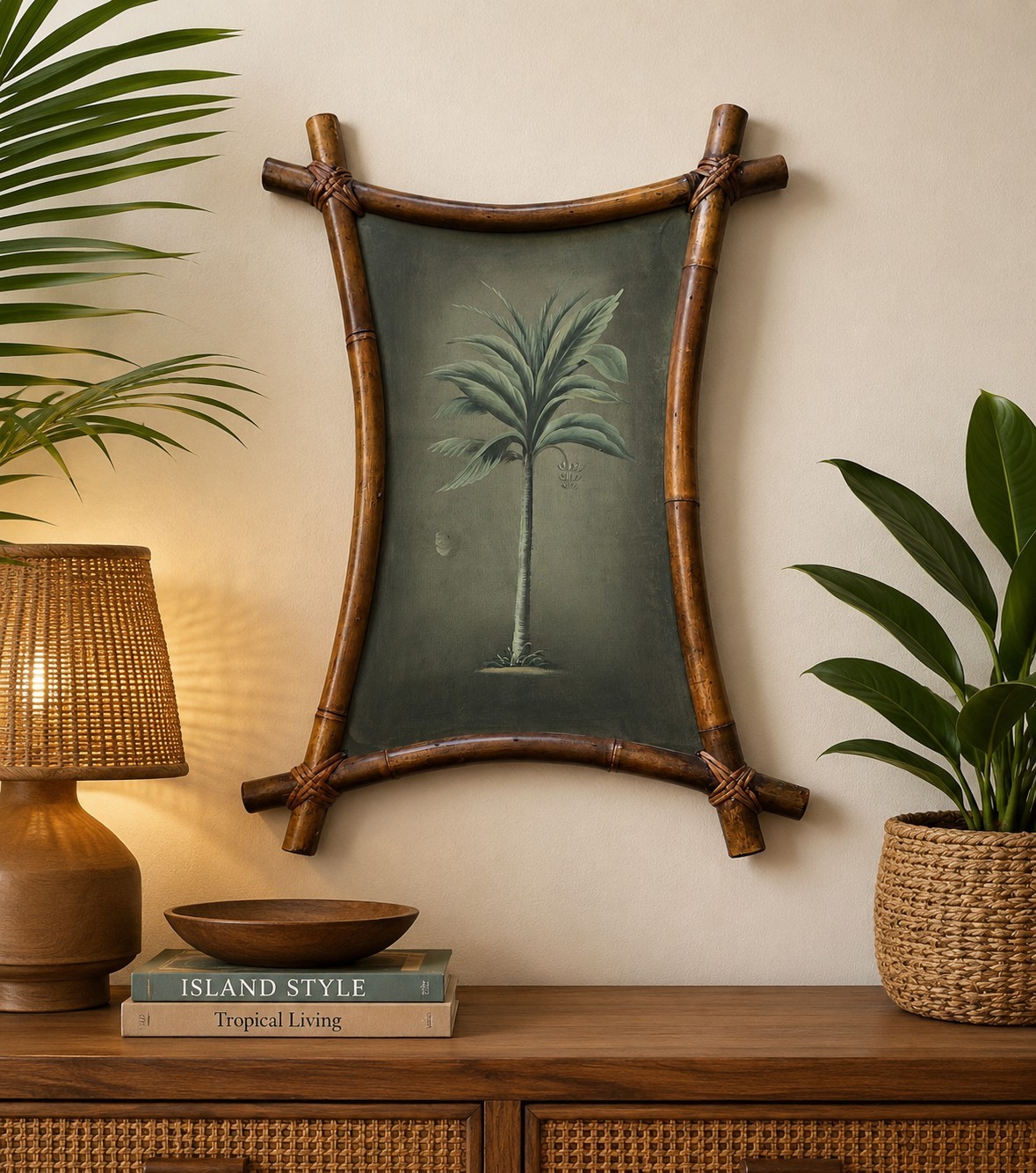 Vintage MCM Tiki Palm Tree Oil Painting Bamboo Frame Tropical Wall Art