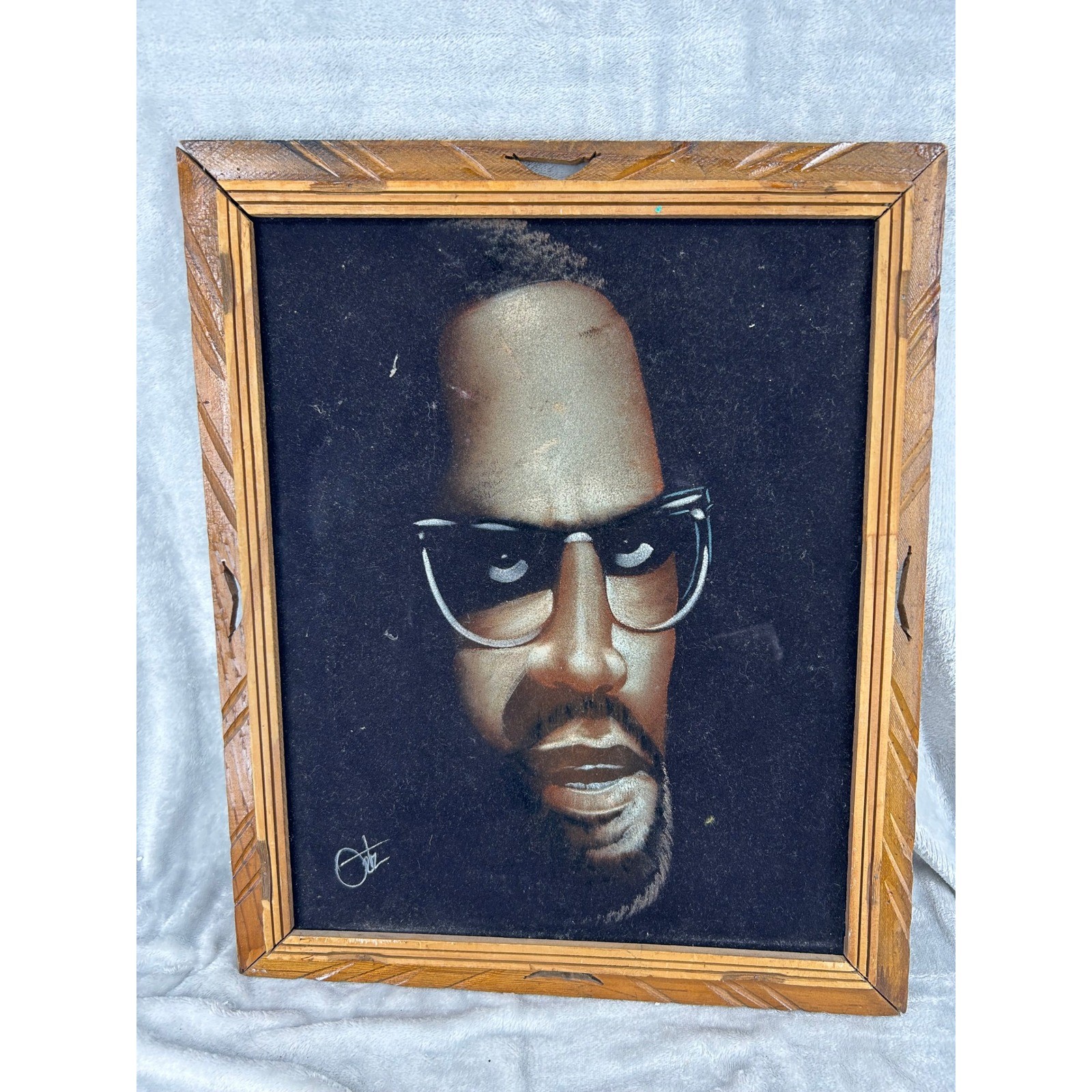 Vintage R. Kelly Black Velvet Painting Signed Ortiz Carved Wood Frame 23×19