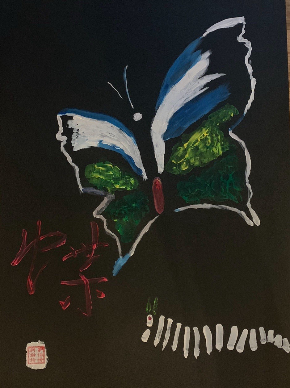 Original Abstract Butterfly Painting – Acrylic on Black Art Board, Framed 18×24