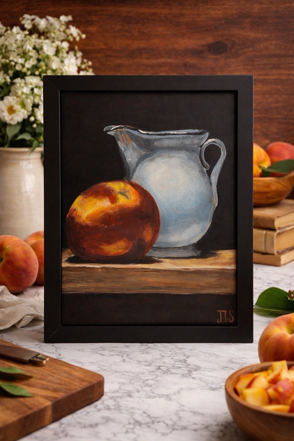 Peach Painting Kitchen Wall Art Rustic Decor Fruit Still Life Framed 9×12