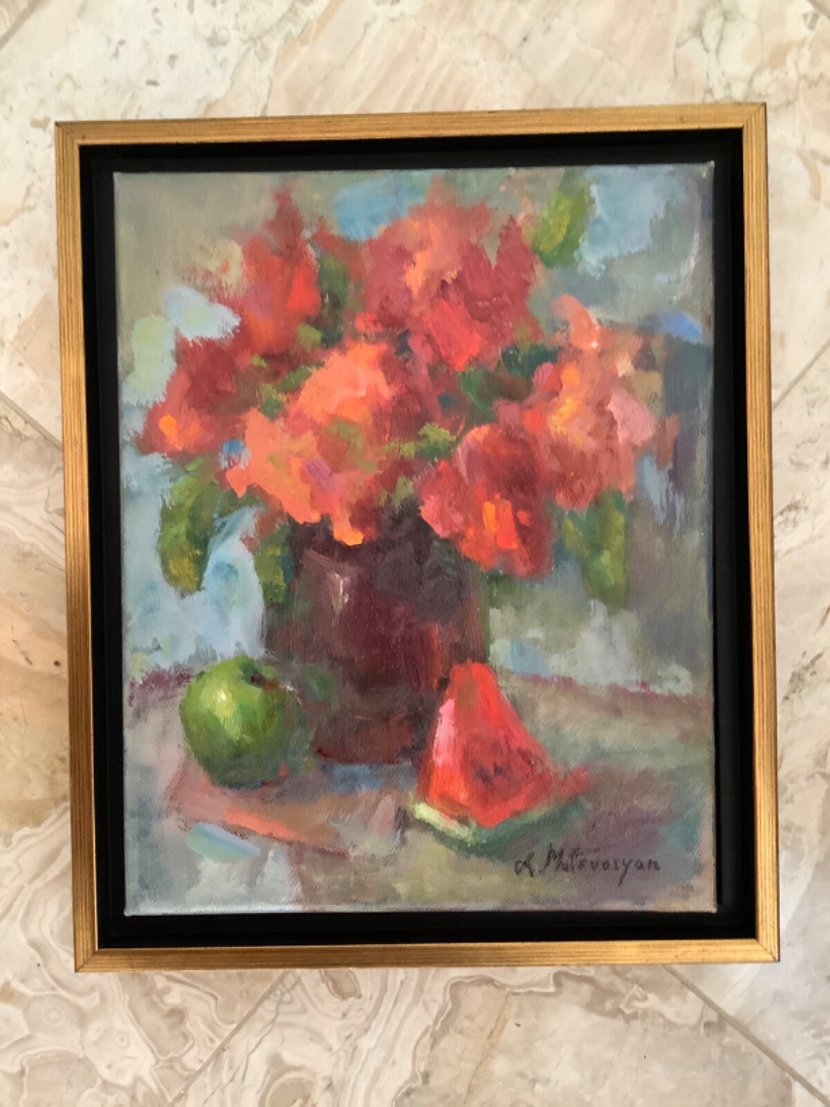 Original Framed Impressionism Oil Art Still Life Floral Apple 10”x8” Signed
