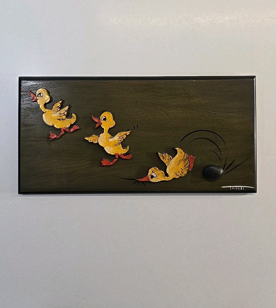 Vintage Handcrafted Wood Wall Art DARLENE THIESIES Signed 3D Yellow Ducklings