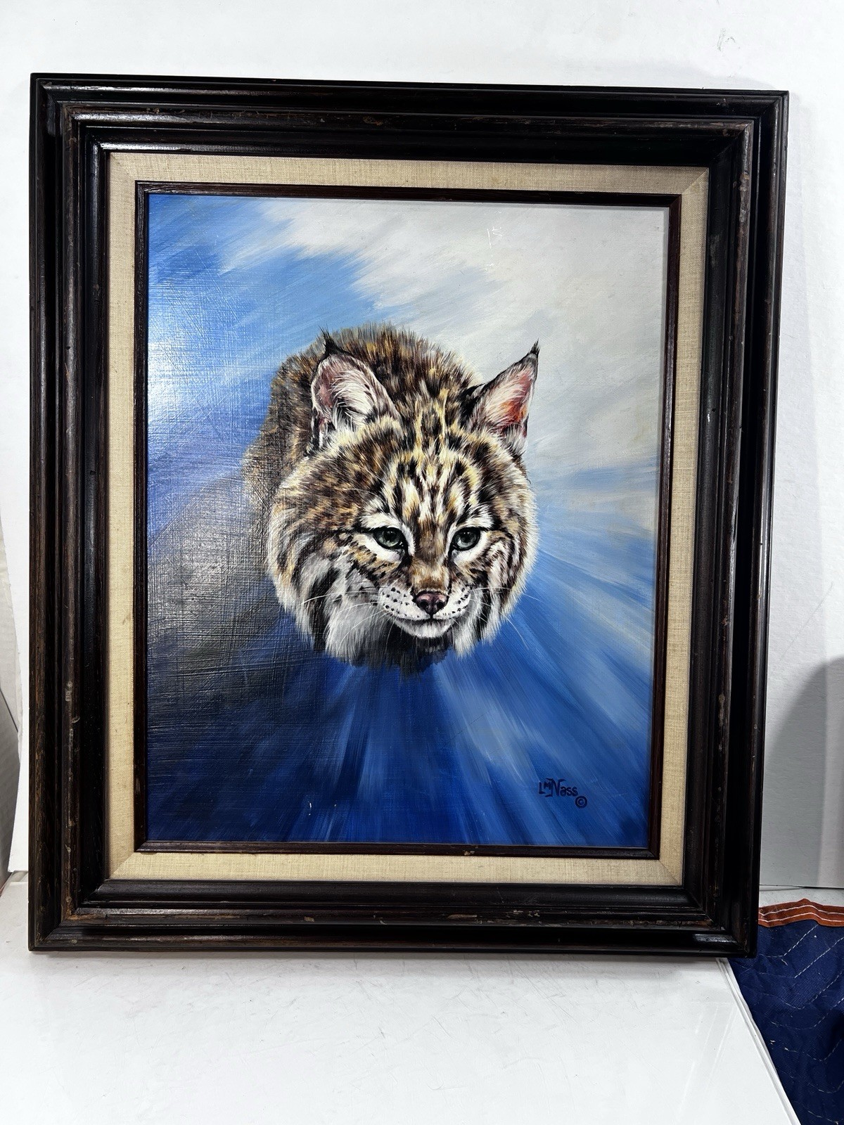 Framed Wildlife Art Bobcat Oil On Canvas Signed By Artist 26×23 Blue Background