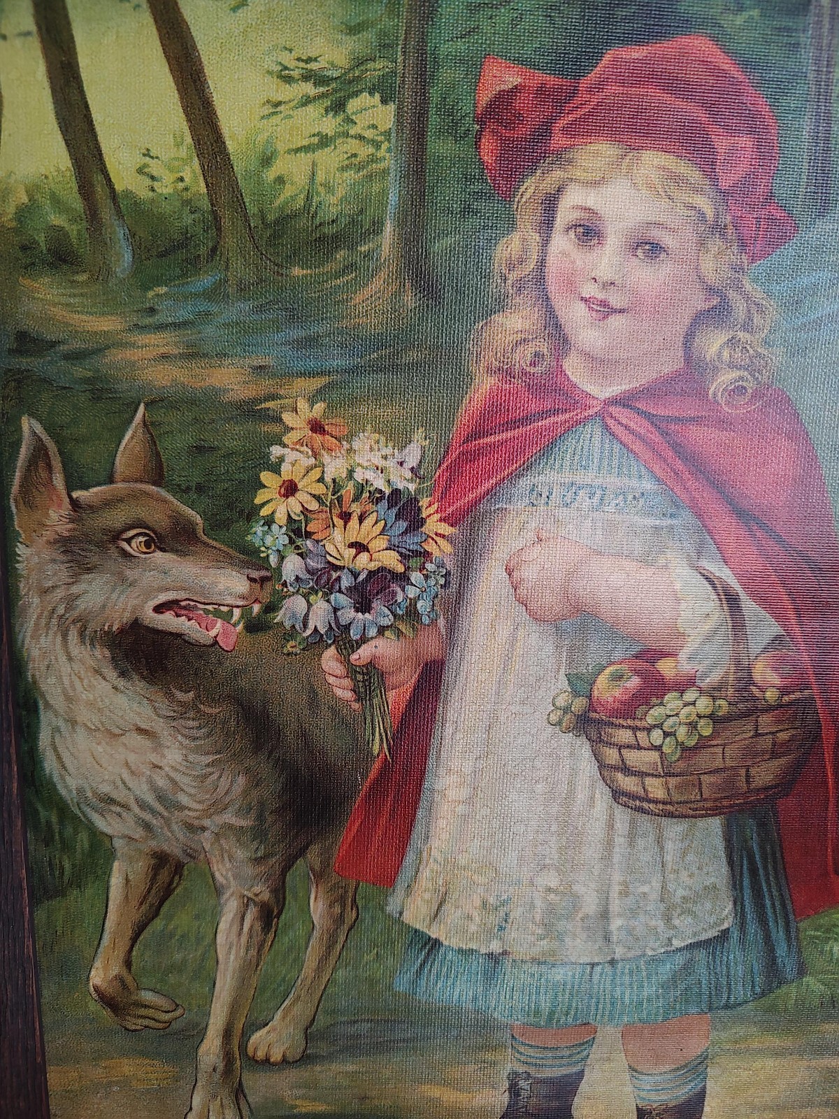 Little Red Riding Hood antique depiction framed on oil cloth