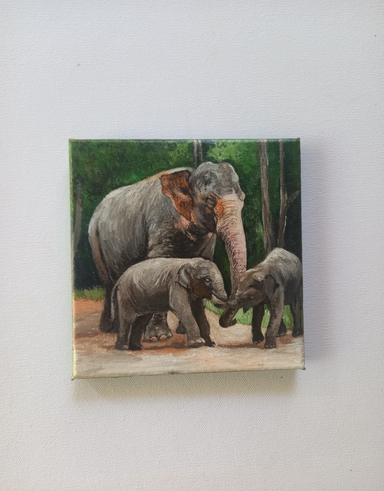 Original Handmade Canvas Art – Elephant Family (Mother with Two Baby Elephants)”