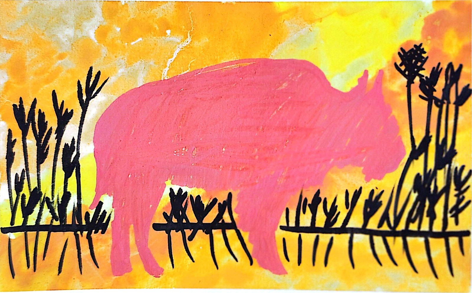 Colorful Plains Buffalo Silhouette Original Signed 5×7 Watercolor Paper Signed