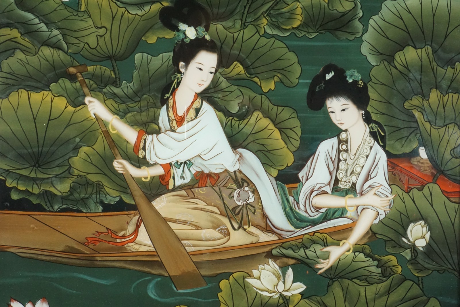 Chinese Reverse Painting on Glass Two Maidens Boating ca. Mid-20th Century 20×28