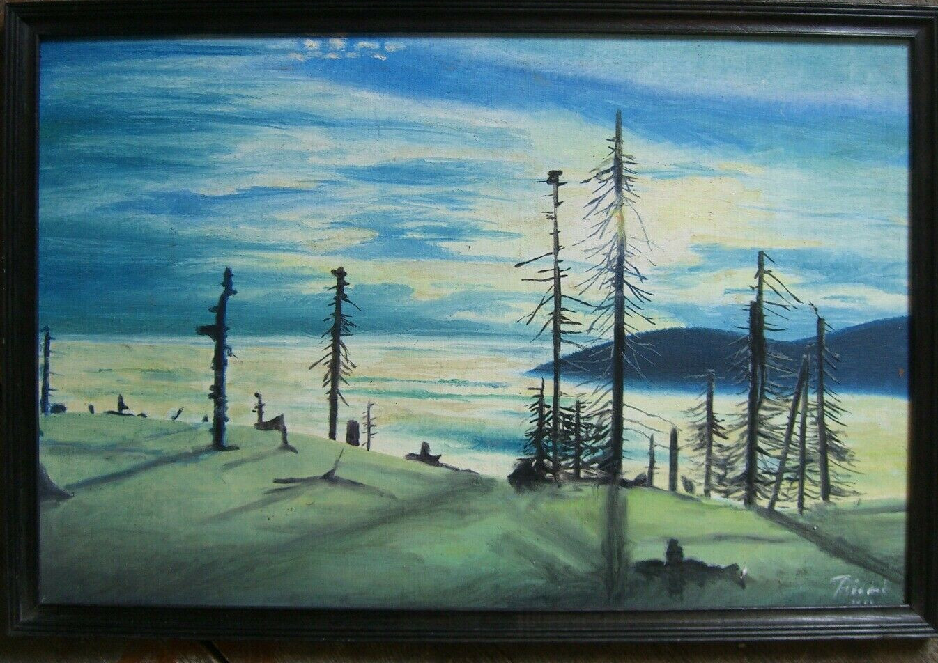 ::INSERVOUS SIGNED BURNT TREES SEA MIST VALLEY MOUNTAINS SKY ANTIQUE