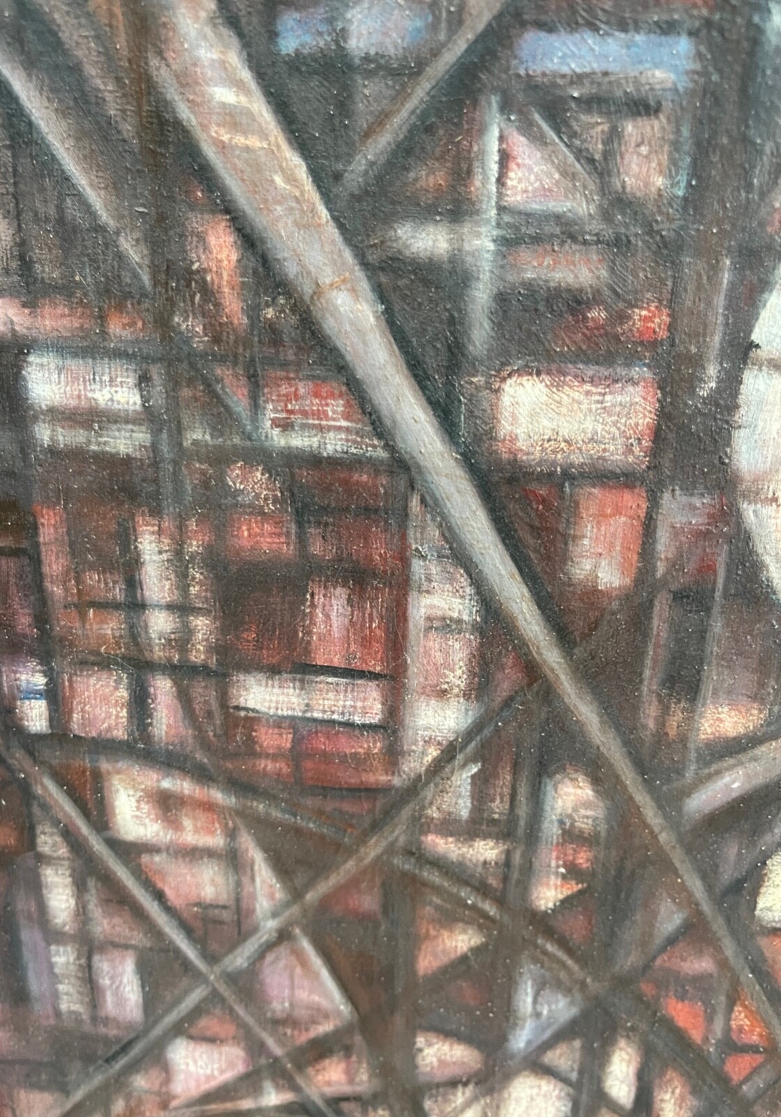 Vintage 1960s Cubist Abstract Shapes Geometric Oil Painting Mid Century Signed