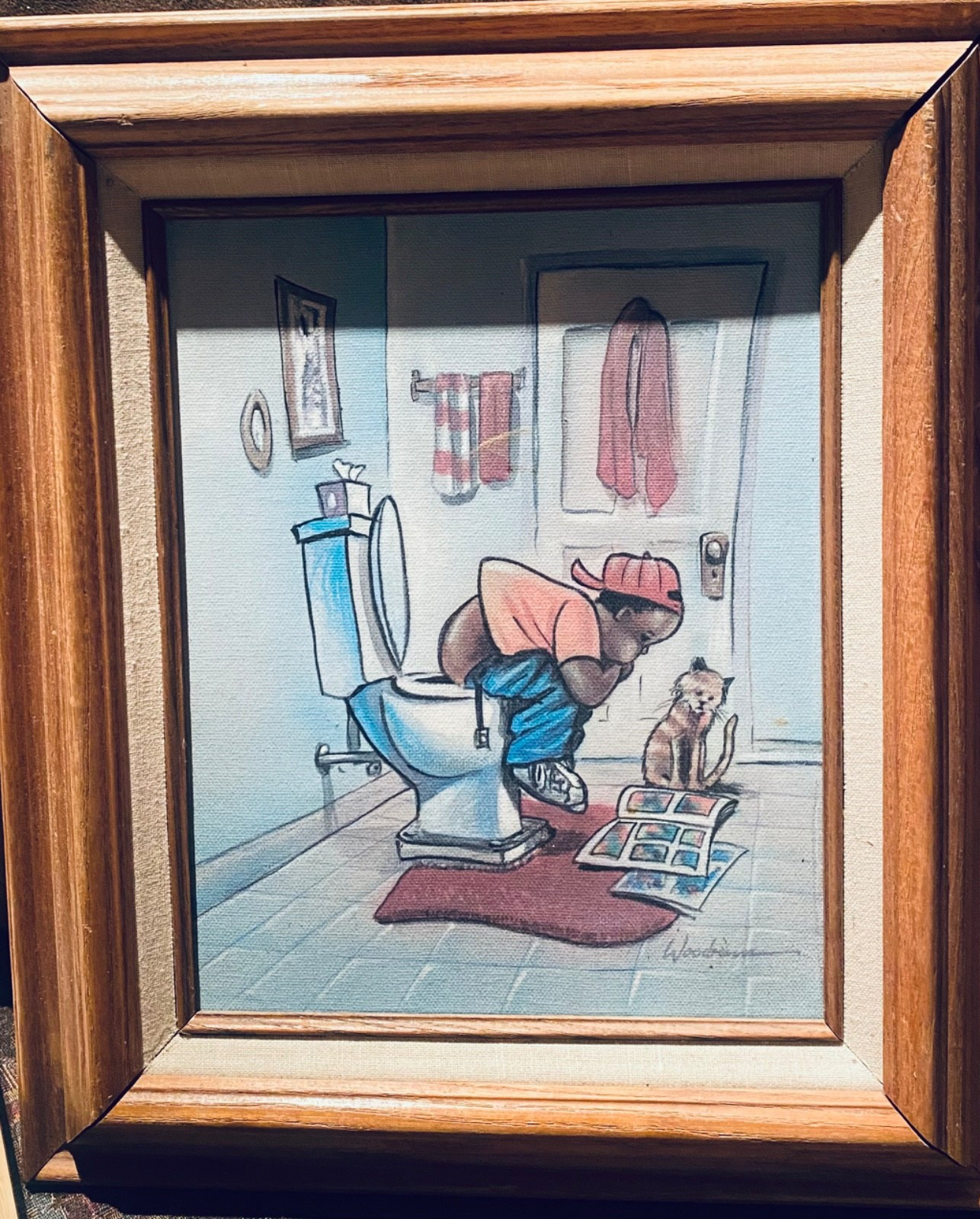 Woodrum higher education, boy on toilet canvas with frame