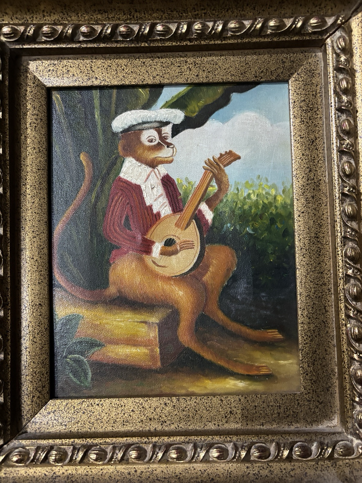 Oil Painting of an Anthropomorphic Monkey Playing Mandolin. Gold heavy Frame.