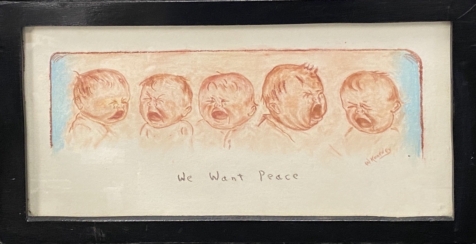 Signed W. Kearney Watercolor Painting Crying Babies Quintuplets We Want Peace