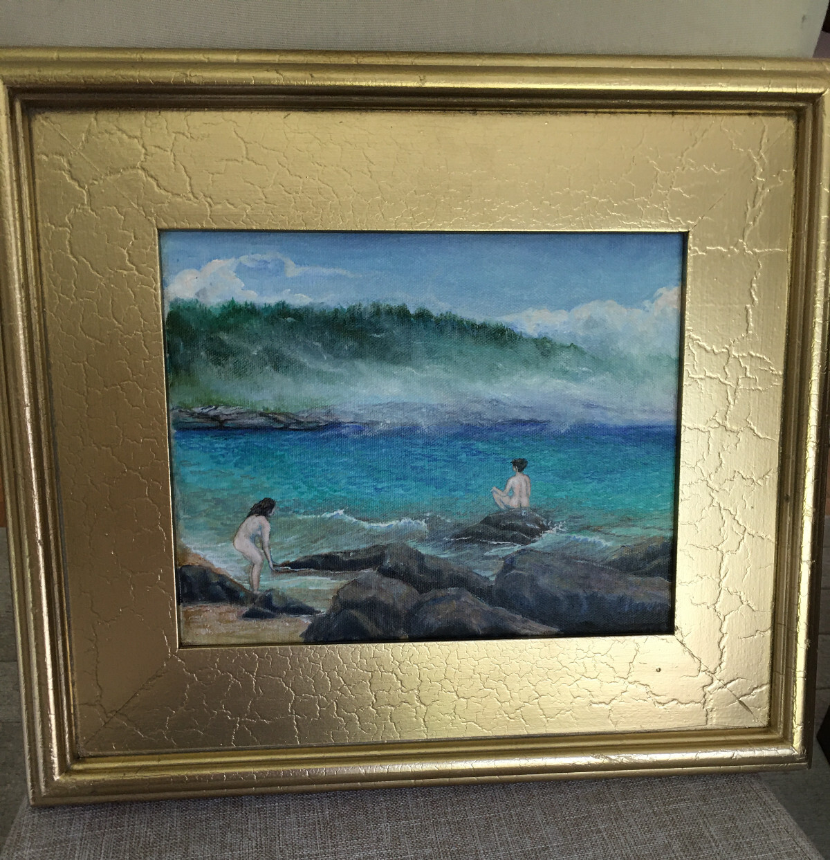 ORIG OIL PAINTING BY N NADZO FRAMED 14X16″ MAINE HARBOR SUMMER BATHERS 8X10″