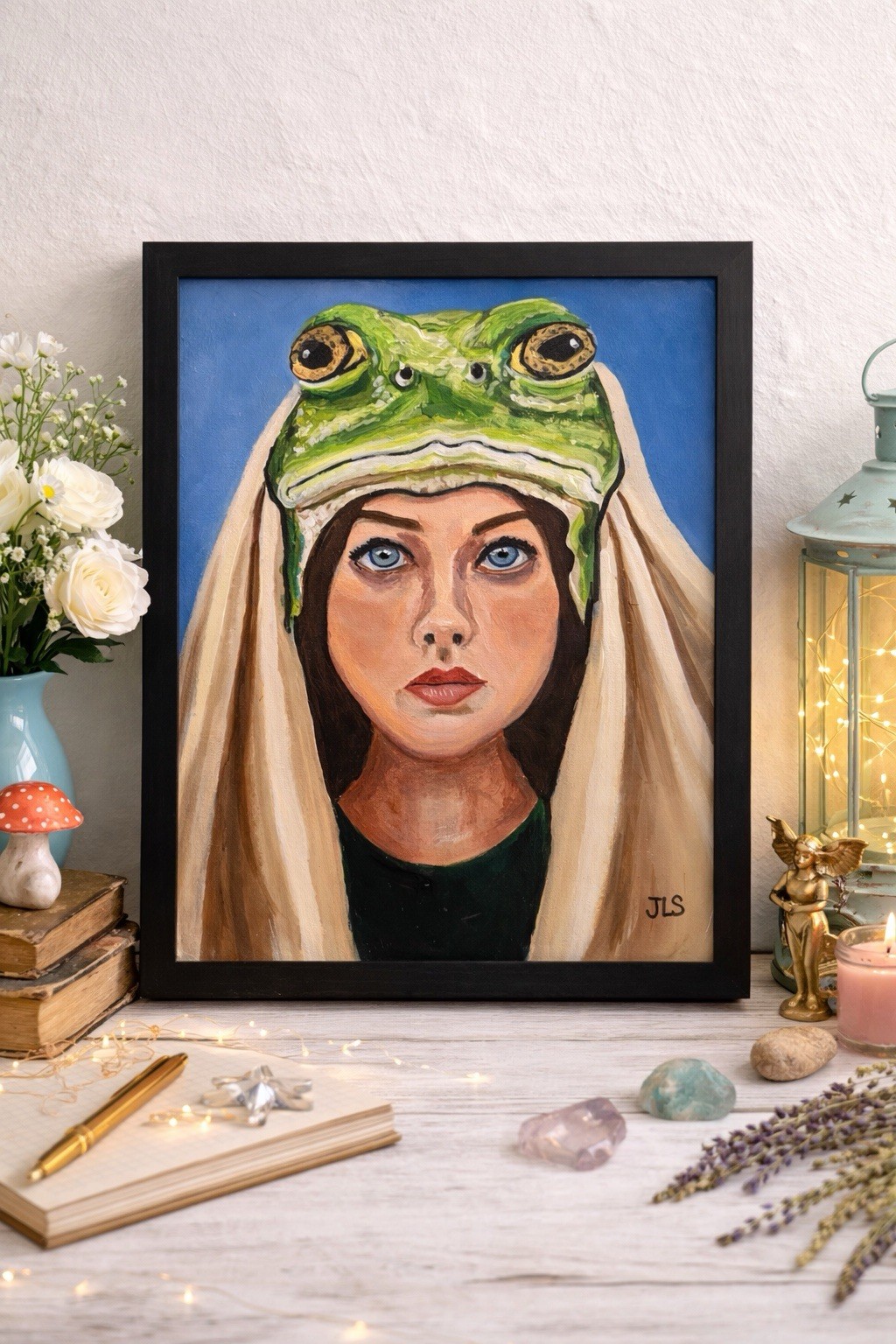 Woman Portrait Painting Frog Hat Wall Art Whimsical Decor Statement Piece 11×14