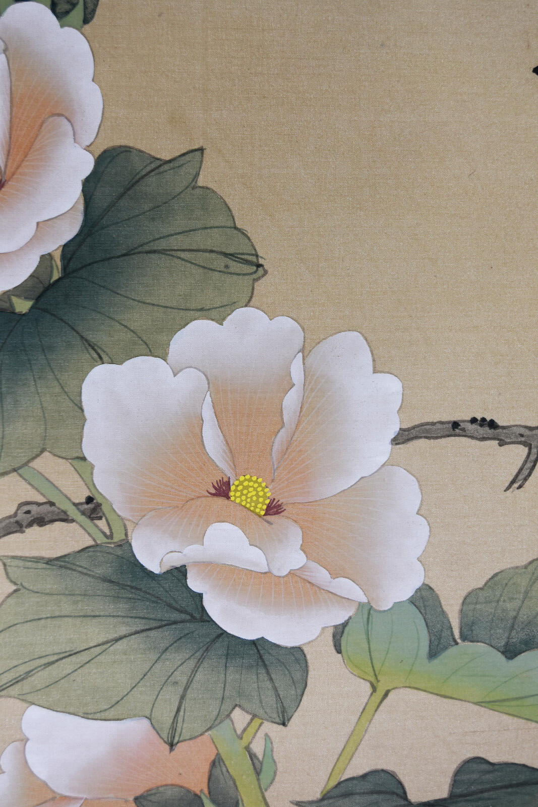 24″ Antique Chinese Watercolor Painting Silk Yellow Bird Canary Pink Magnolia