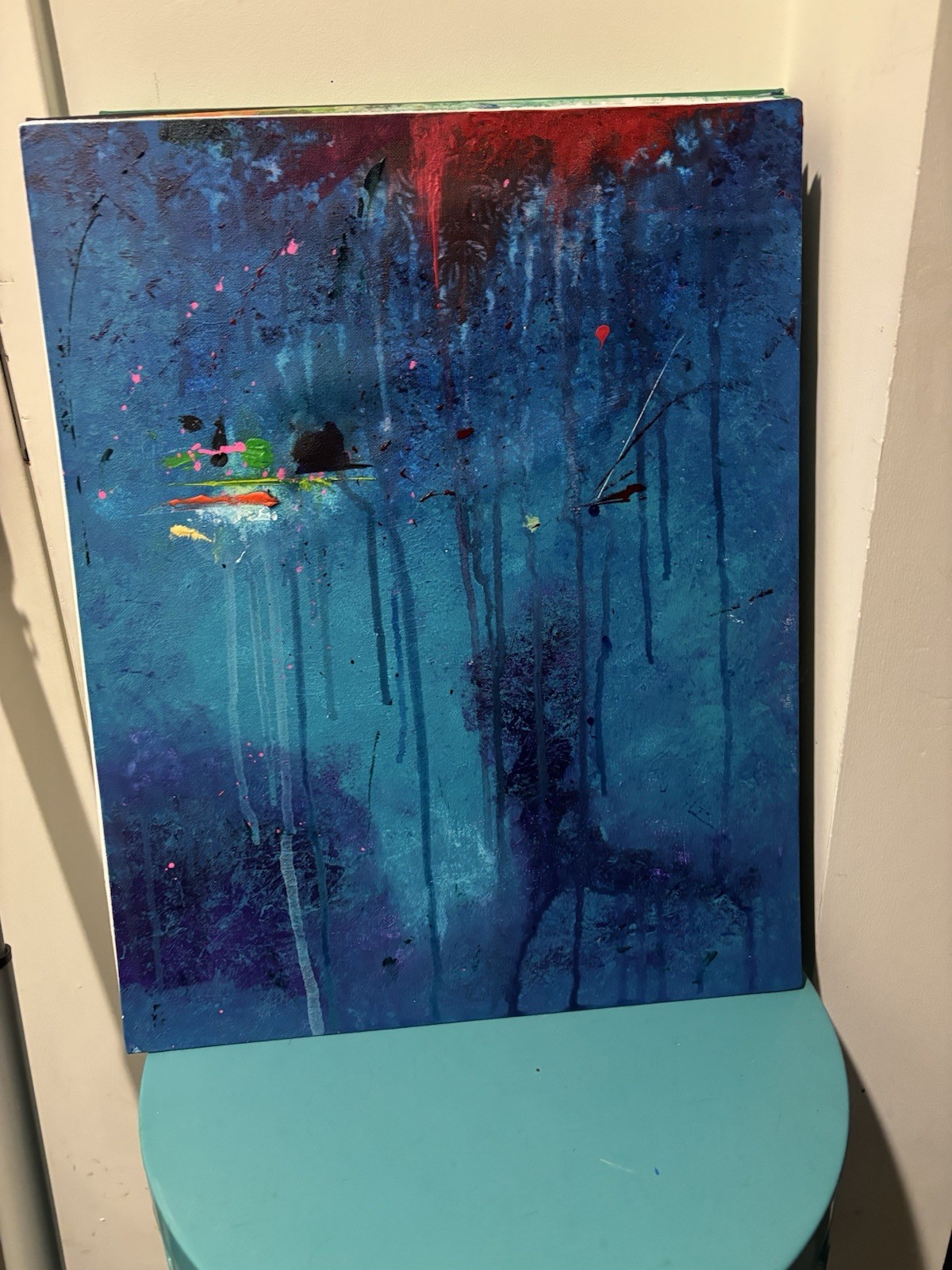 Blue Abstract Original Acrylic Painting on Canvas, Framed