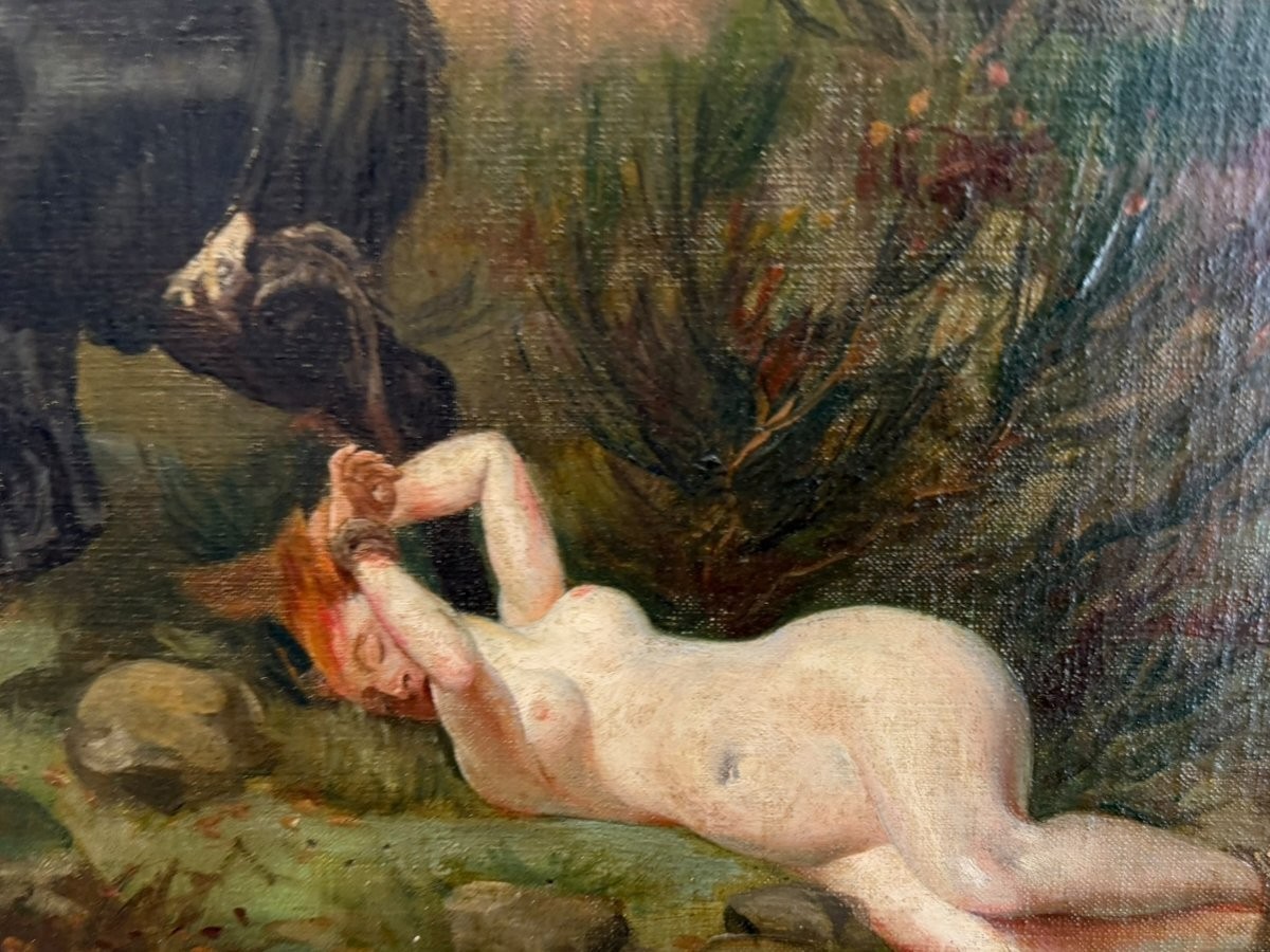 Antique Painting Oil Canvas Woman Frame Wood Nude Horse Decor Queen Brunehaut