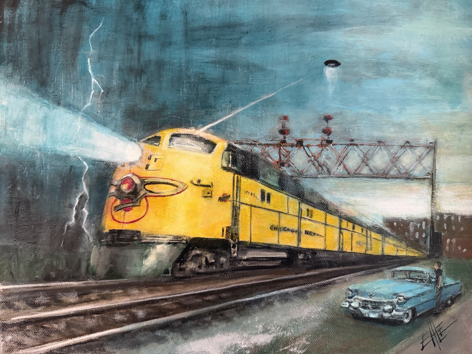 Mid Century Train, Cadillac, UFO Attack Thunder Storm! Original Painting By Ehle