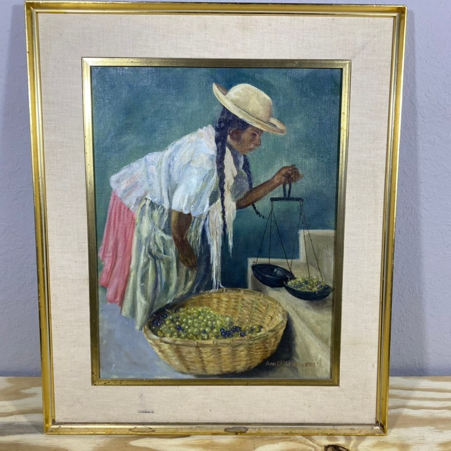 Vintage Native American Girl Oil Painting Weighing Grapes 1960s Framed 23.5×18