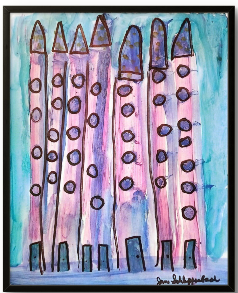 Folk Art Tall City Buildings 14X11 Signed Colorful Original Art Home Decor COA