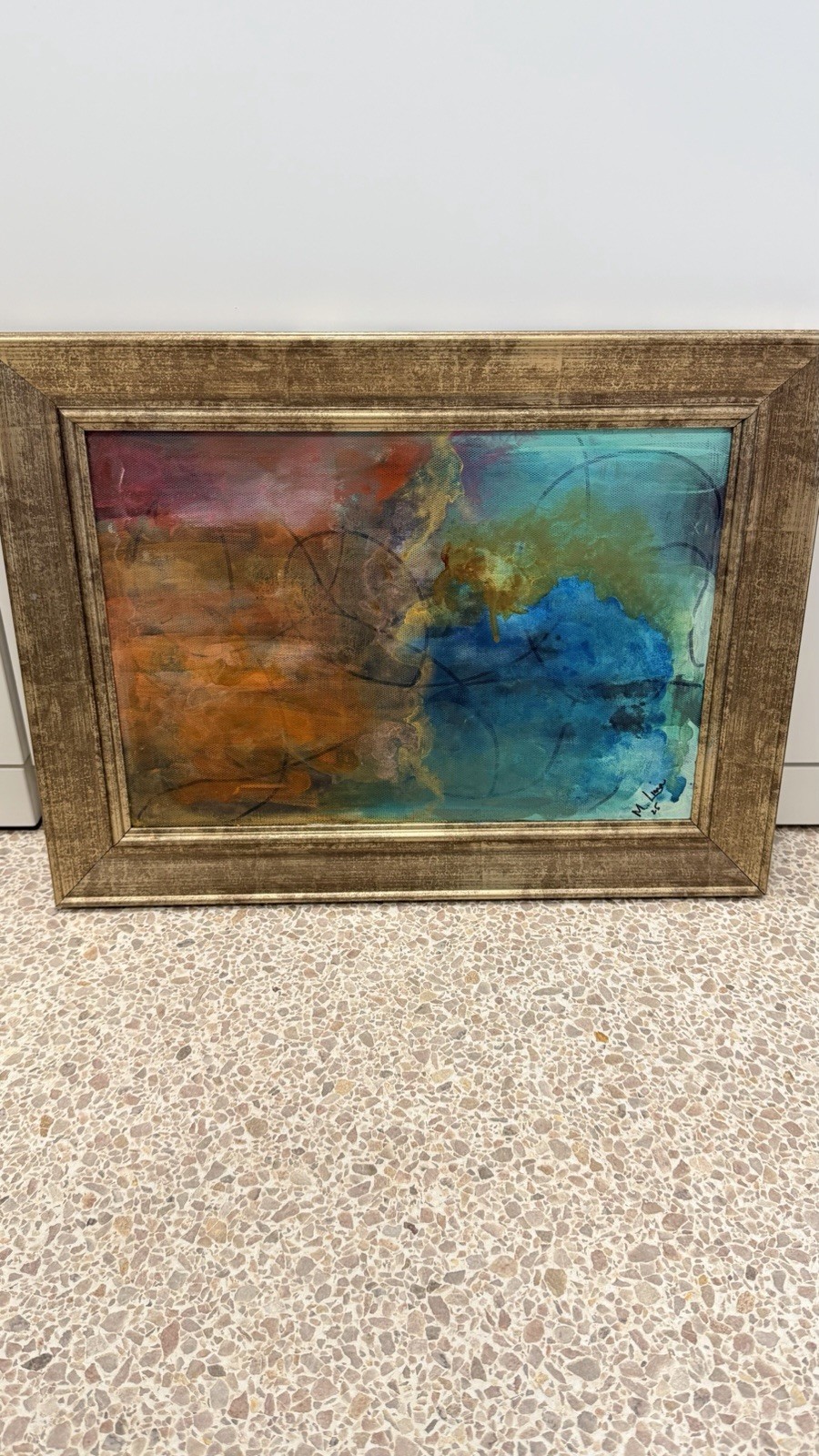 Original Acrylic Painting, Abstract With Ink Background 16 x 12, Wood Frame