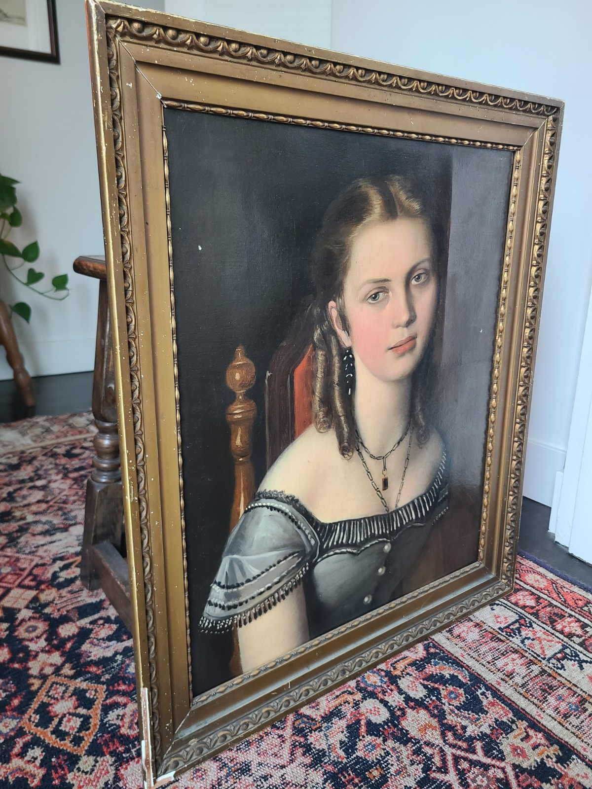 Antique 19th Century Oil Painting Portrait of a Victorian Gothic Young Lady