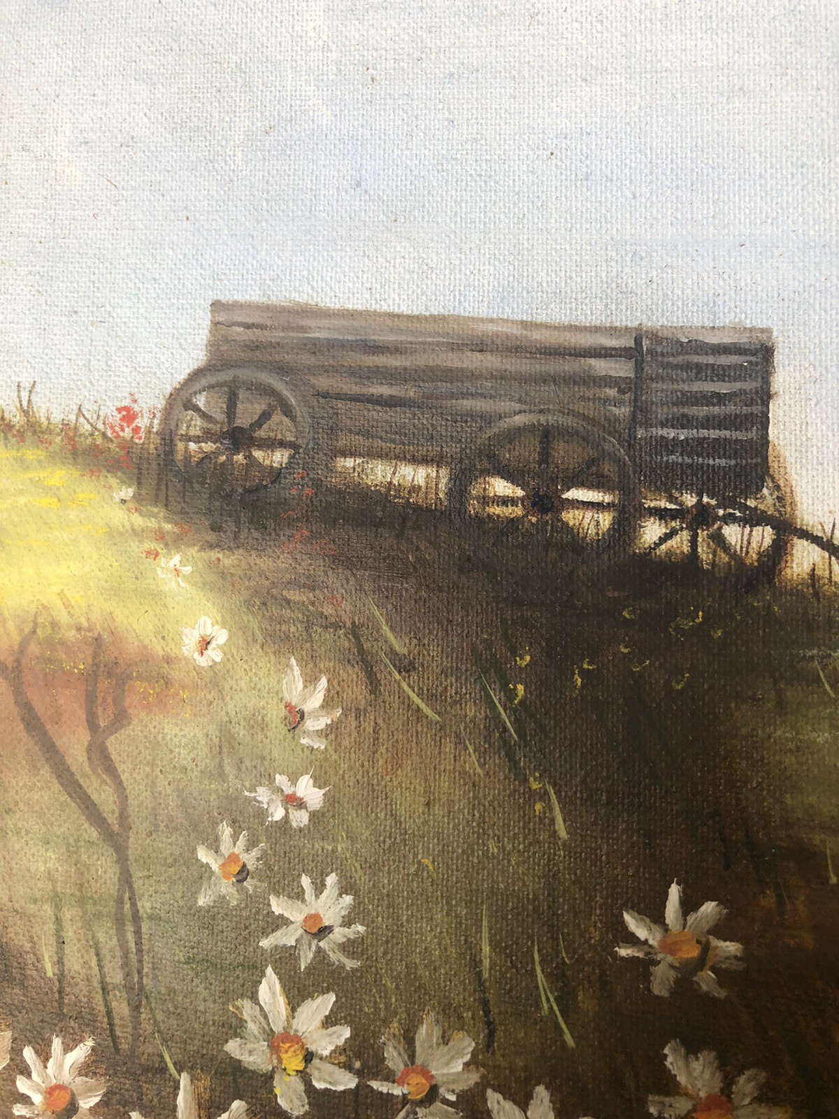 1974 Still Life Country Side Painting Horse Wagon + Barn On Hill, Primitive Farm