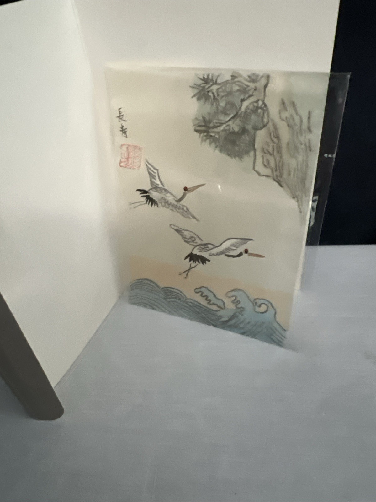 Miniature Hand Painted Rice Paper. Cranes Flying Over Waves. LAST CHANCE