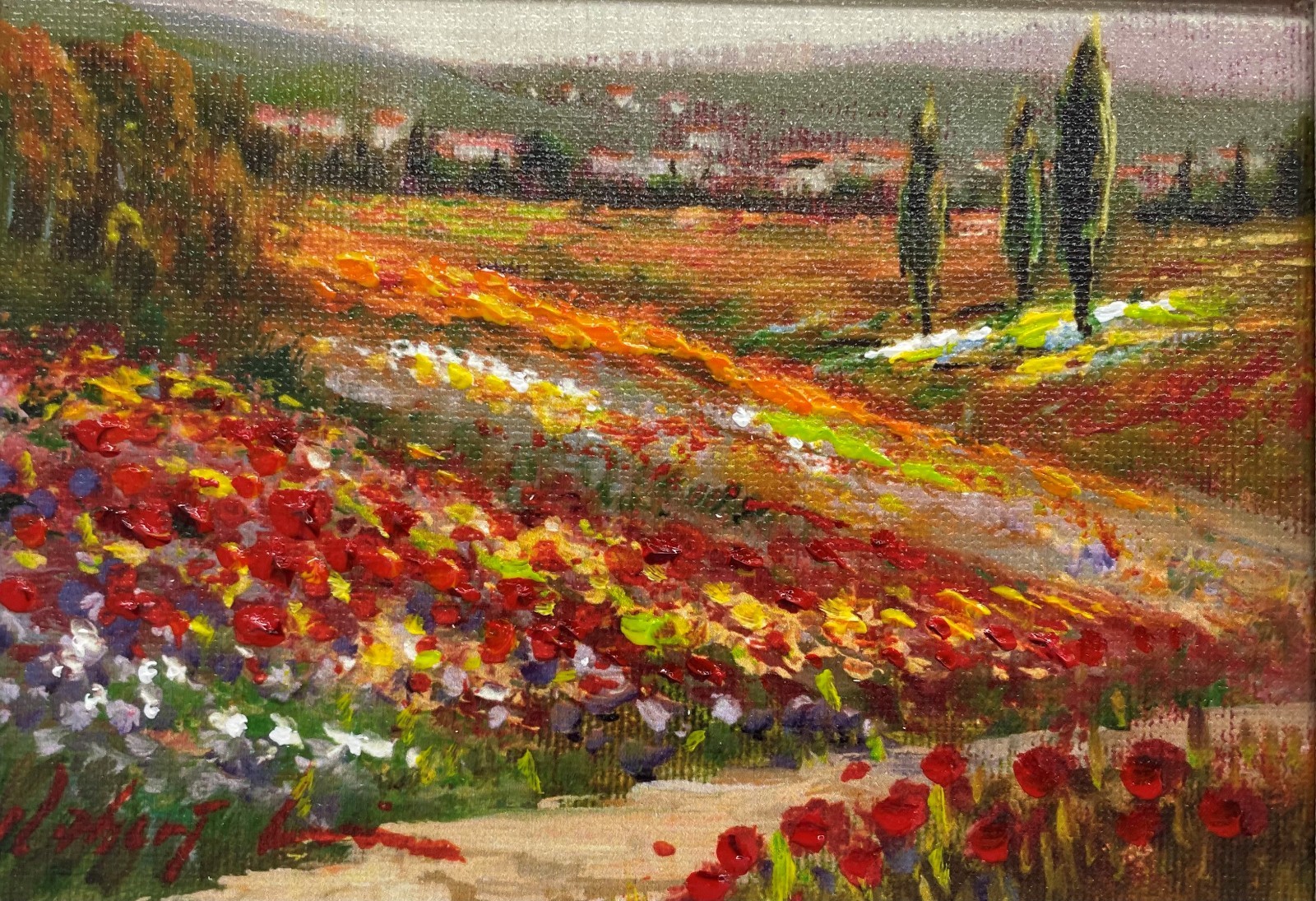 Robert Lui «Path by the Poppyfield» Signed &Embellished Impressionist Giclee Art