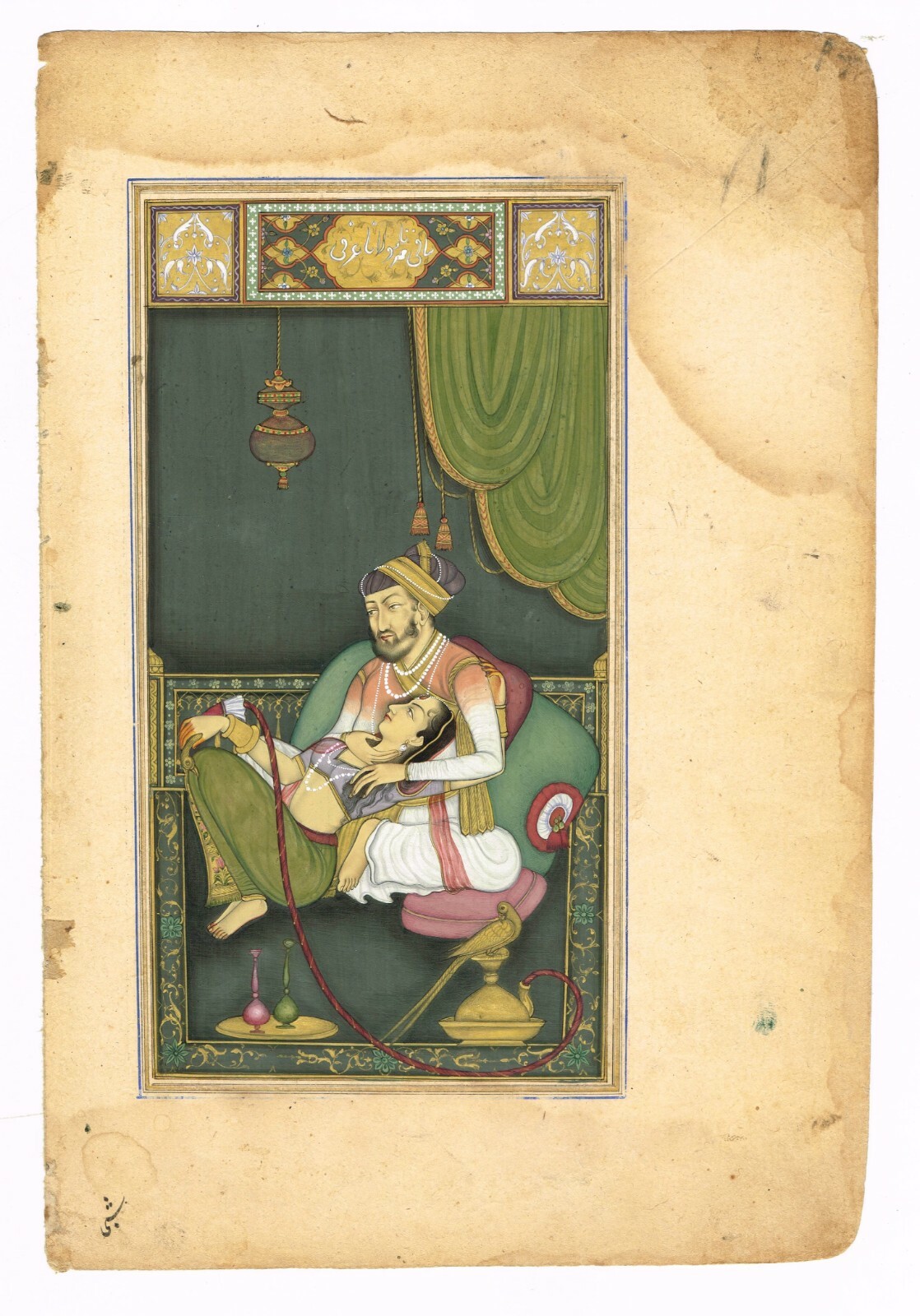 Mughal Miniature Painting Of Emperor And Empress In Love Scene 6.5×10 Inches