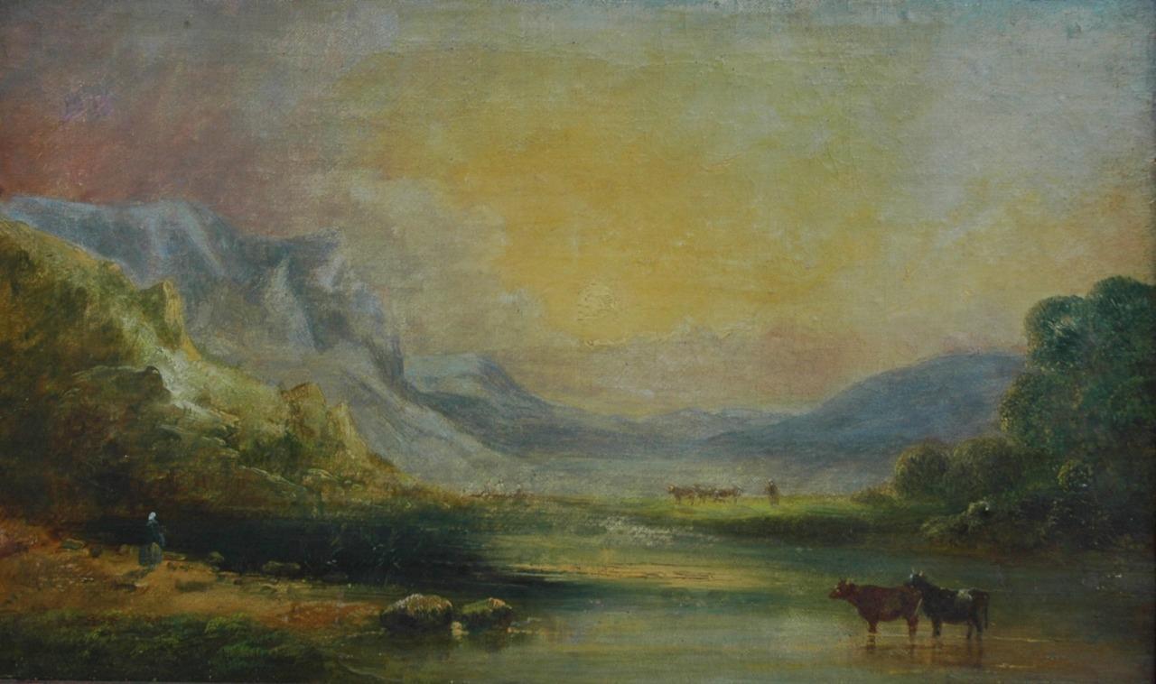 Antique 19th Century Oil on Canvas of Cows Crossing A Stream – Cooper Henderson?