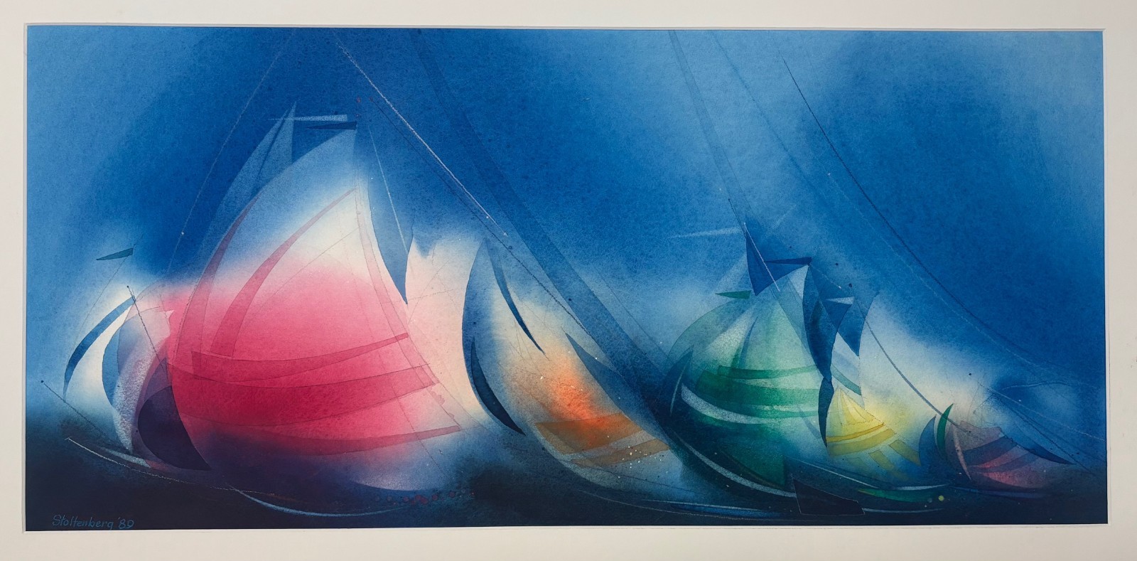 Vintage DONALD STOLTENBERG ‘Spinnaker Stripes’ Rainbow Fleet Sailboats PAINTING