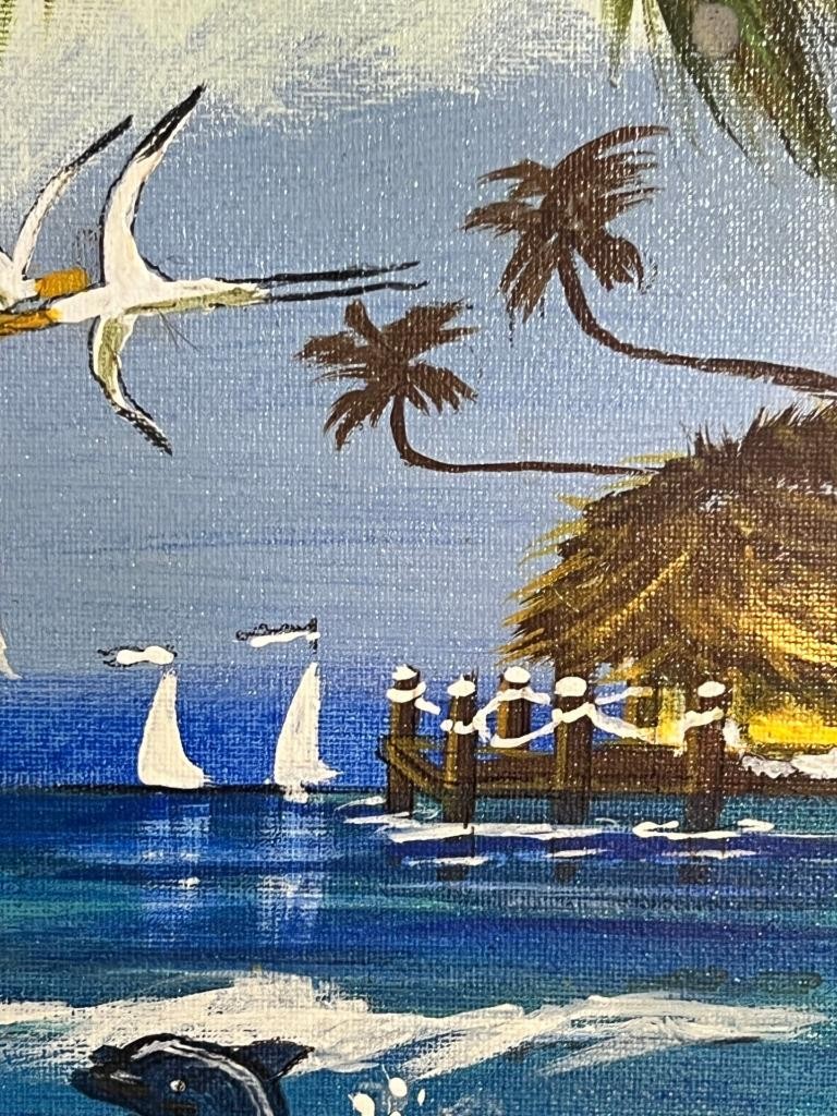Vintage Nautical Beach Coastal Landscape Painting Seagulls Boat Dock Palm Trees