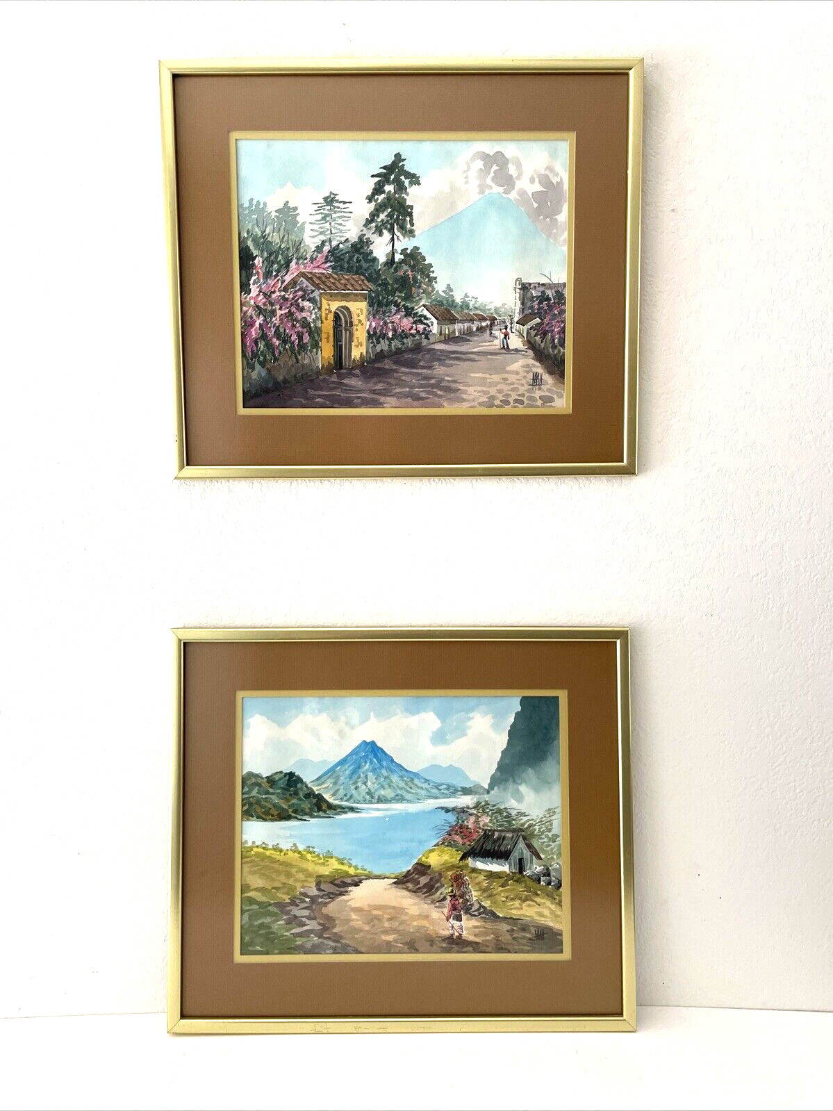 Pair Vintage South America Island Landscape Watercolor Paintings 18×15″ Signed