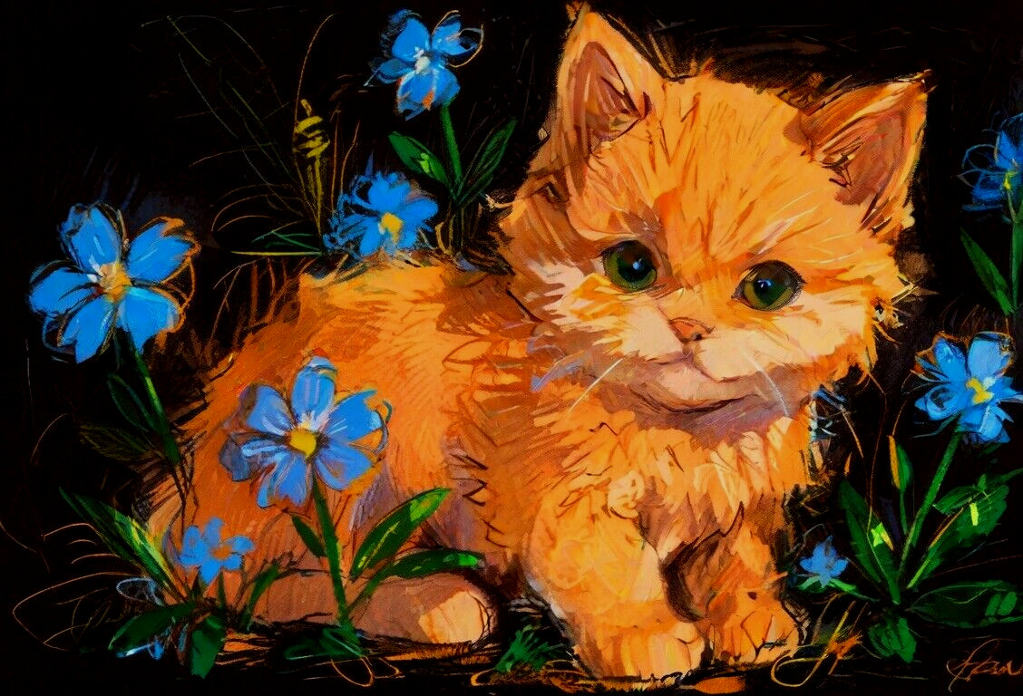 ACEO Mini *Art Print* Orange Fluffy Baby Cat Kitten & Blue Flowers by Saulite