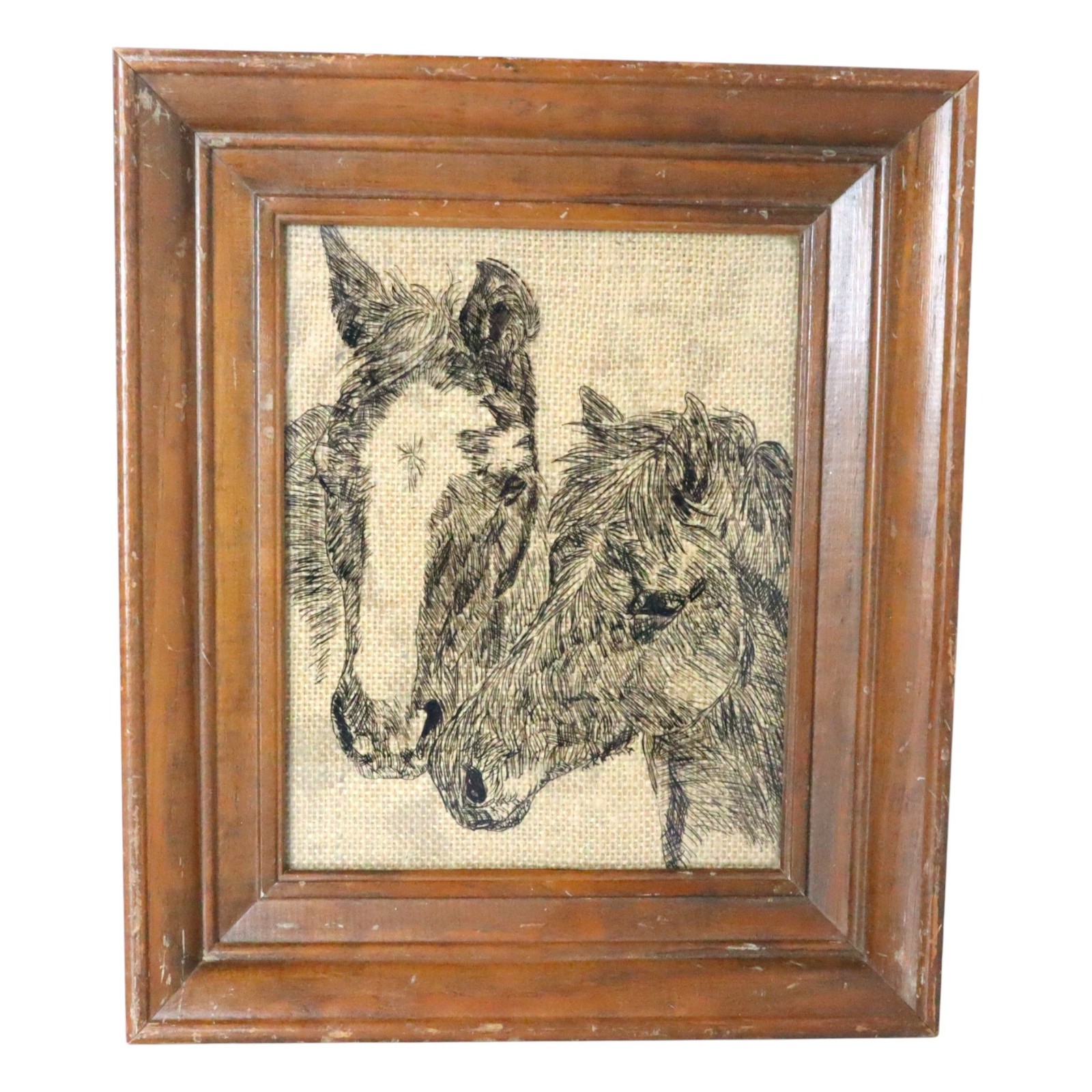 Vintage Reverse Painted Glass Horses Equestrian Burlap Framed Western Farmhouse
