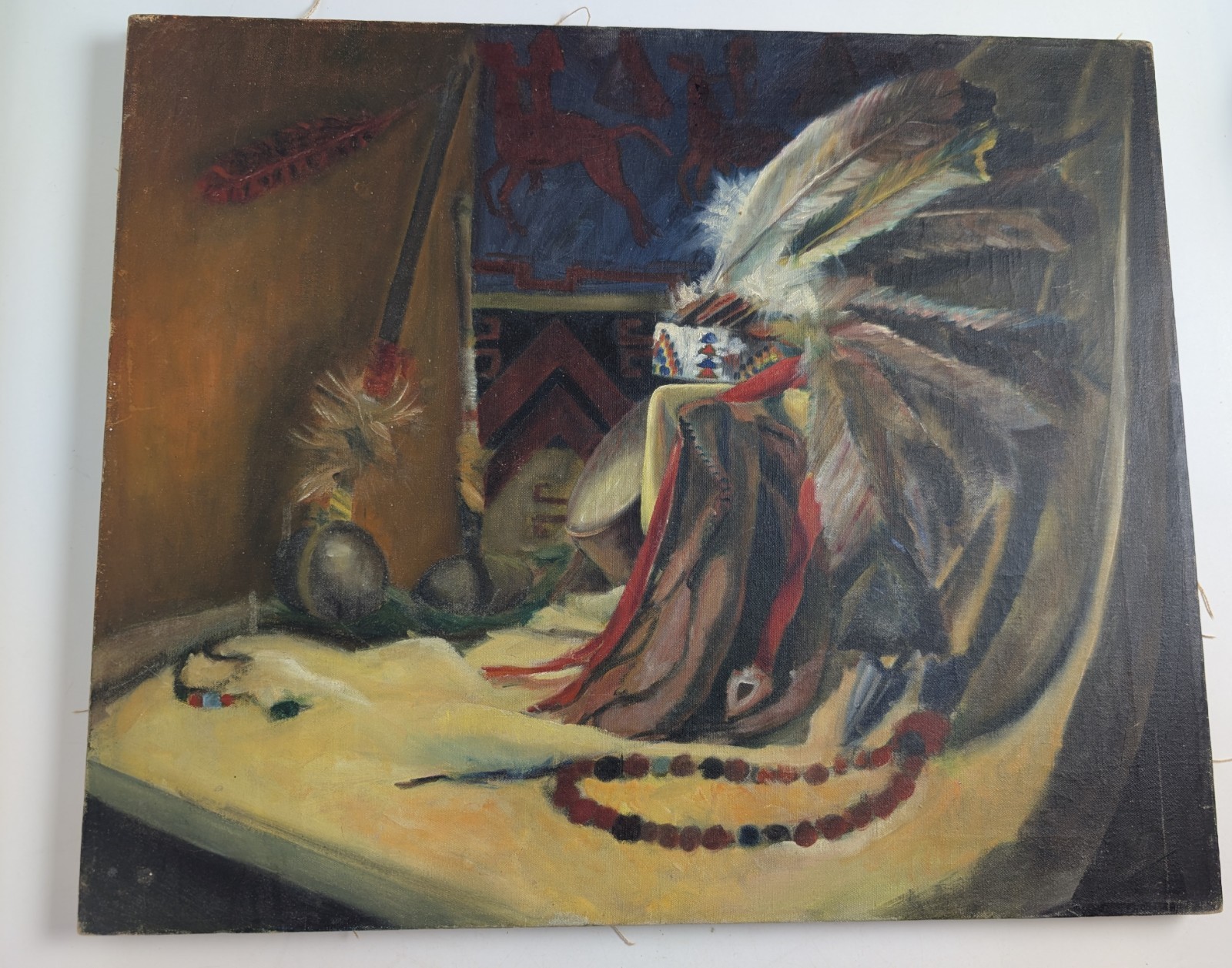 Vintage Southwestern Still Life Oil Painting Tom Dauer Signed Canvas Feather…