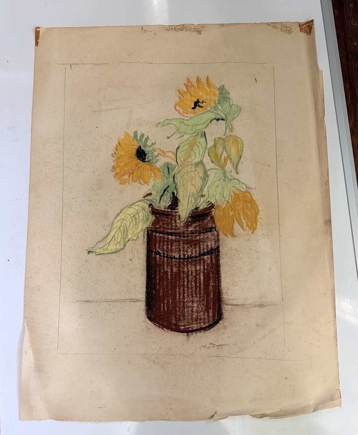 Vtg Sunflowers In Vase Oil Painting Still Life Flowers Jug 1966 Damaged 15×11”