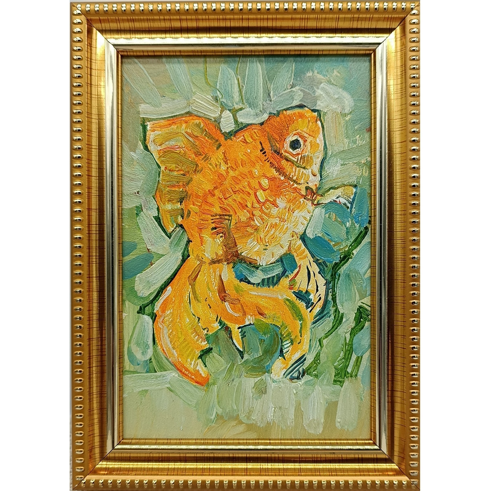Original Art Gold Fish Oil Painting Red Fish Wall Art Miniature 6×4 Framed
