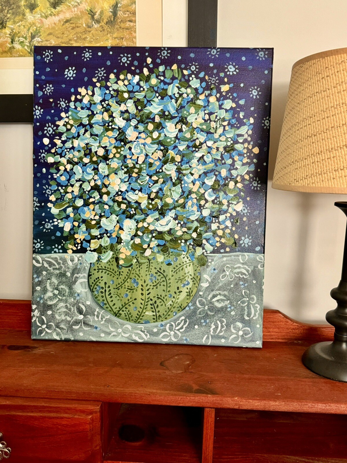 Floral Folk Art Still Life Original Art Painting Blue and White Flower on Lace
