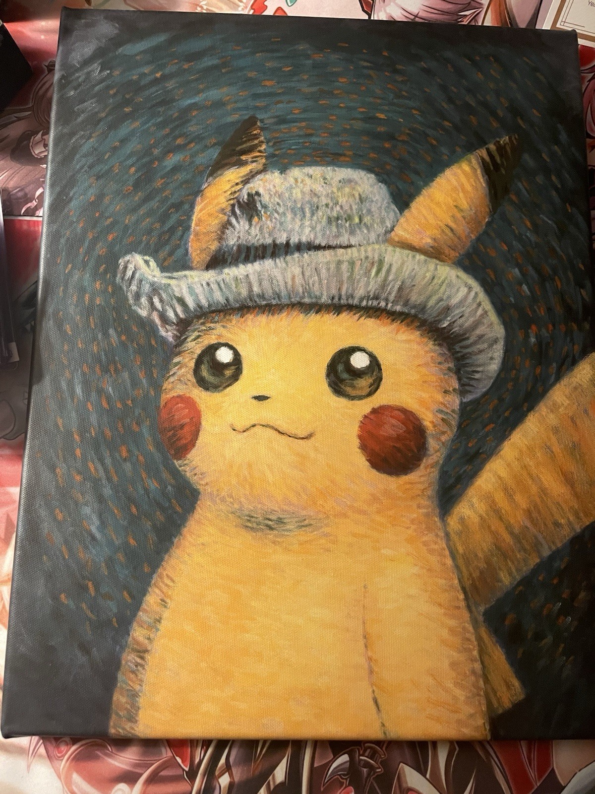 Sealed pikachu with grey felt hat with plushy and van Gogh PikachuCanvasPainting