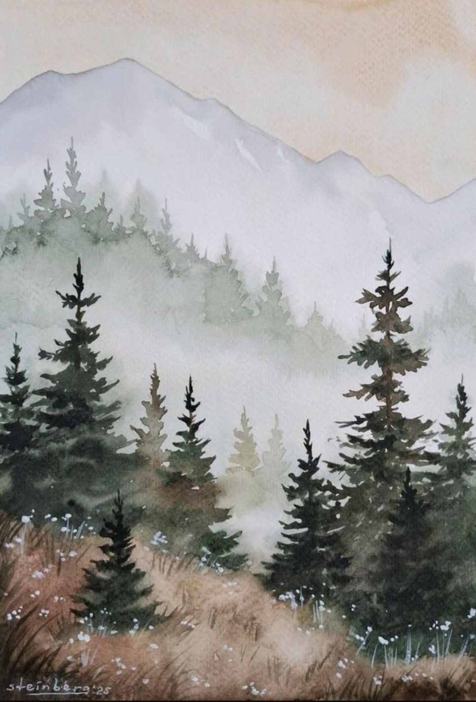 Watercolour Original Mountain Landscape Flowers Forest Painting Painting Landscape