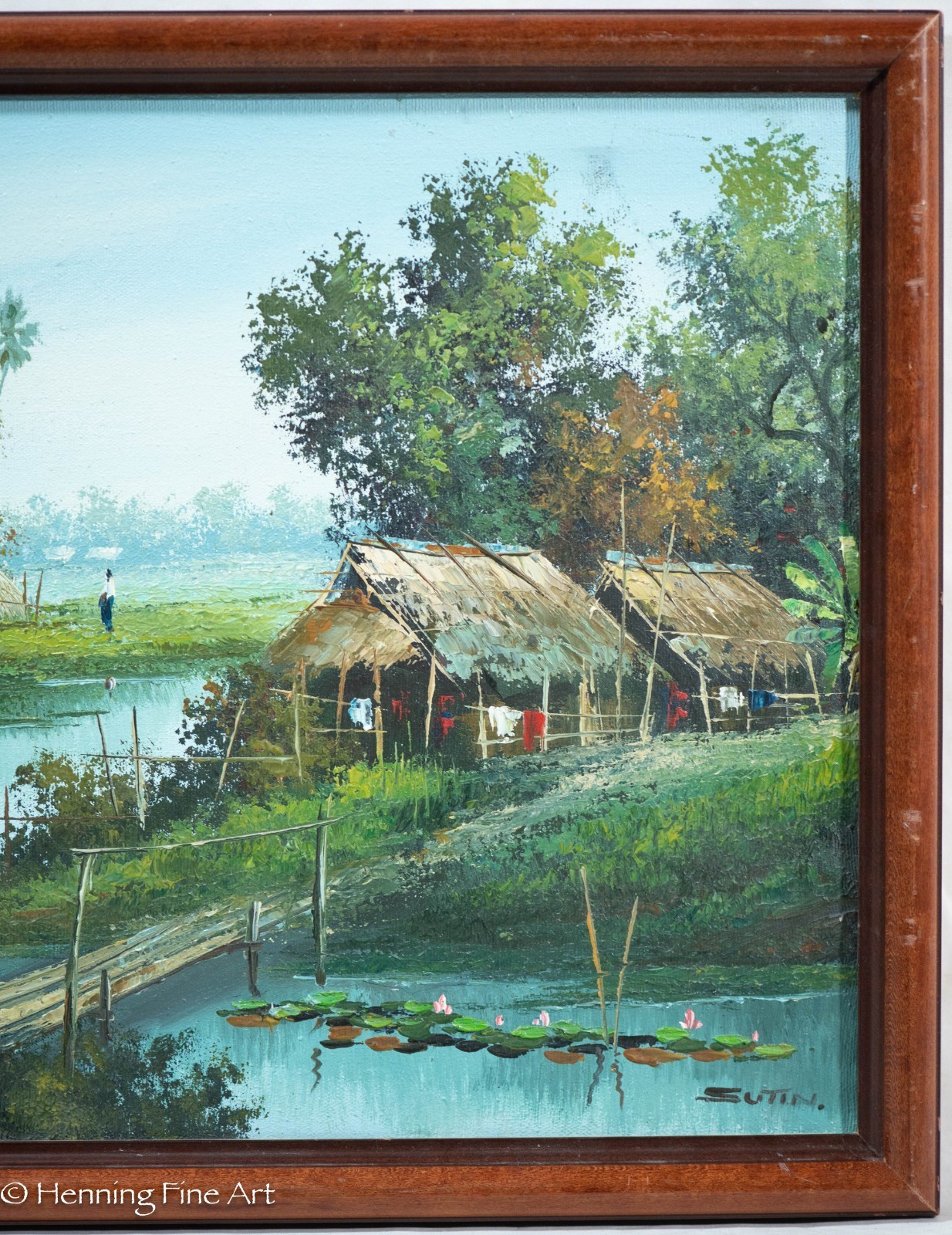Vintage Impressionist Oil Painting Asian River Village Signed Sutin 16×22″