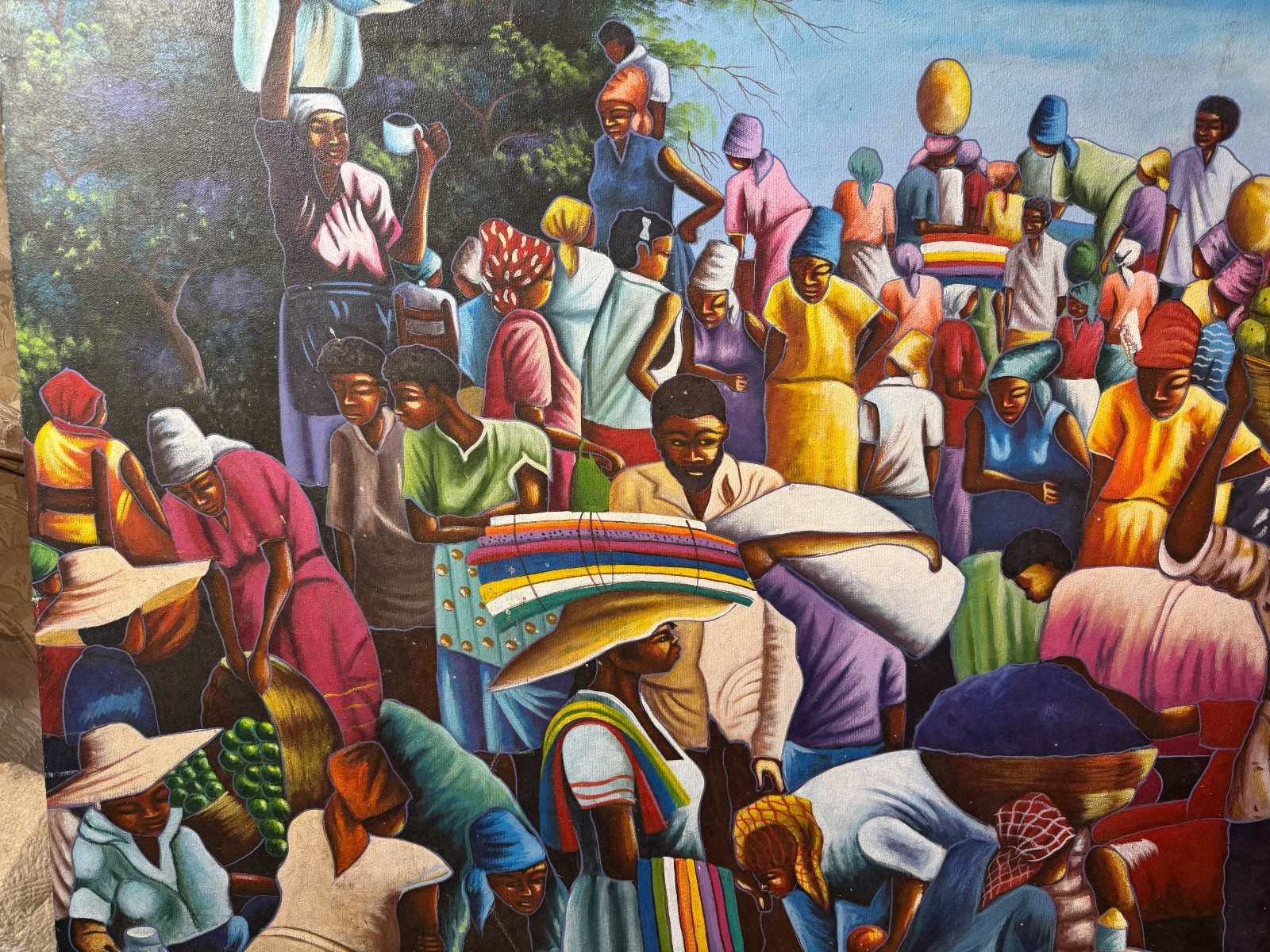 Monumental Ulysse Eddy Oil Painting 2003 Large Market Scene Figures Canvas 60in