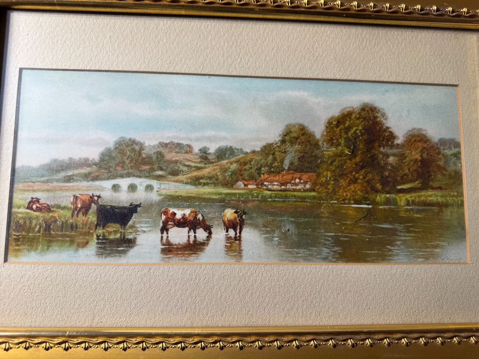 Frederick William Hayes (1848 – 1918) «Cattle By River» Mixed Media Painting