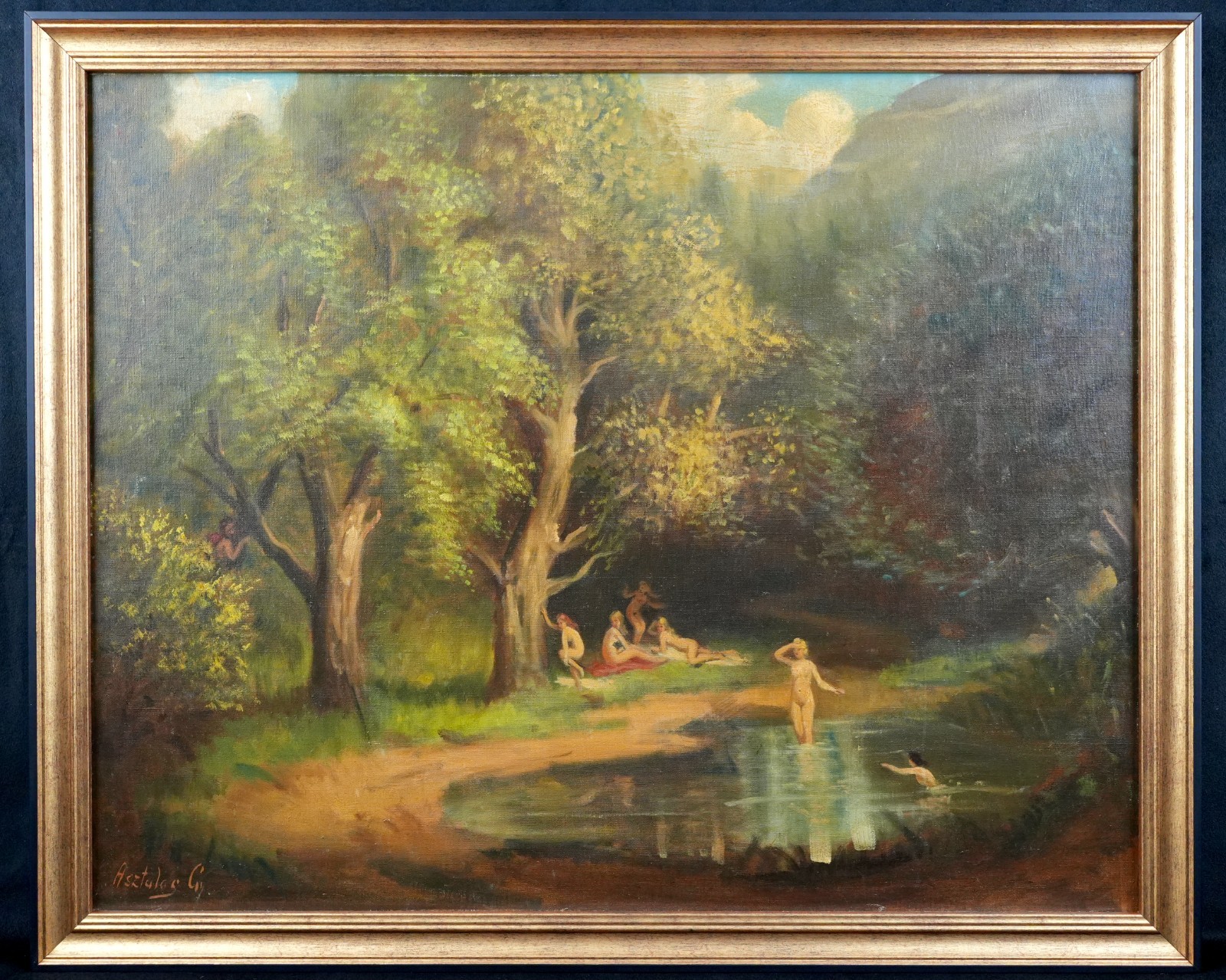 Vintage Original Landscape Oil on Canvas «Bathing Maidens» By Gyula Asztalos