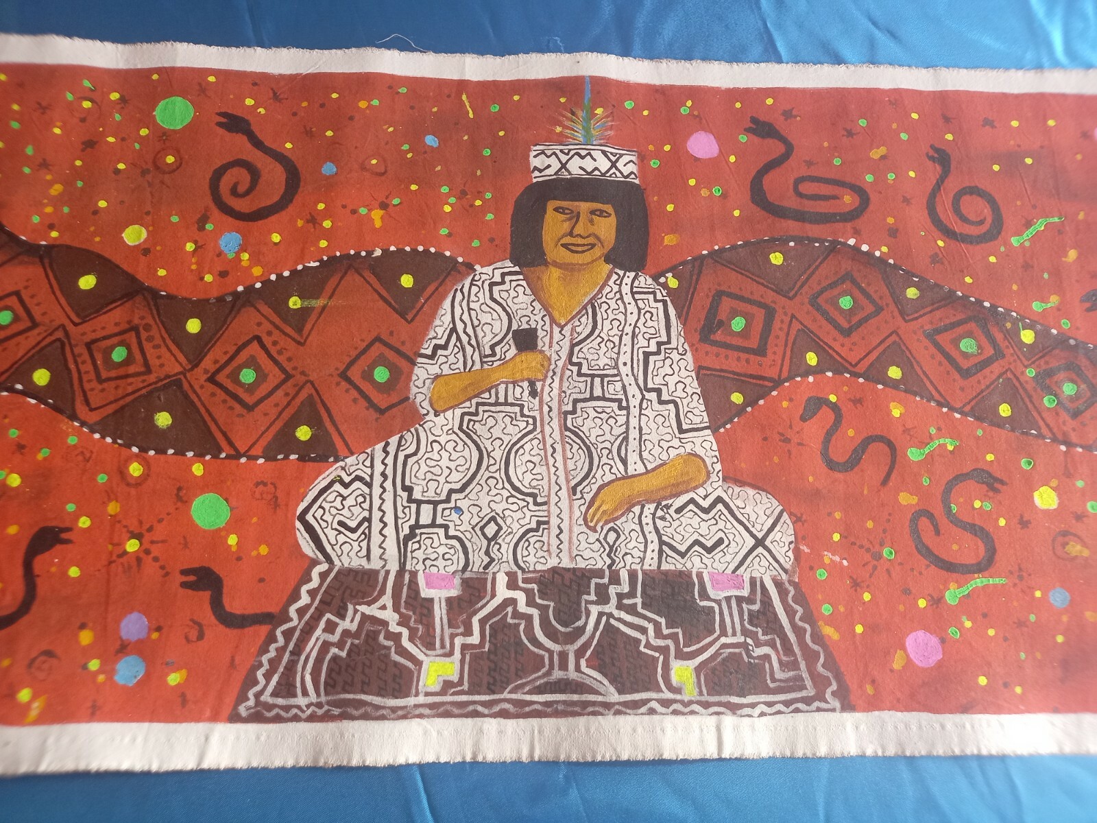 Oil on canvas Peruvian shaman and anaconda Amazon jungle 50 x 18 Inches