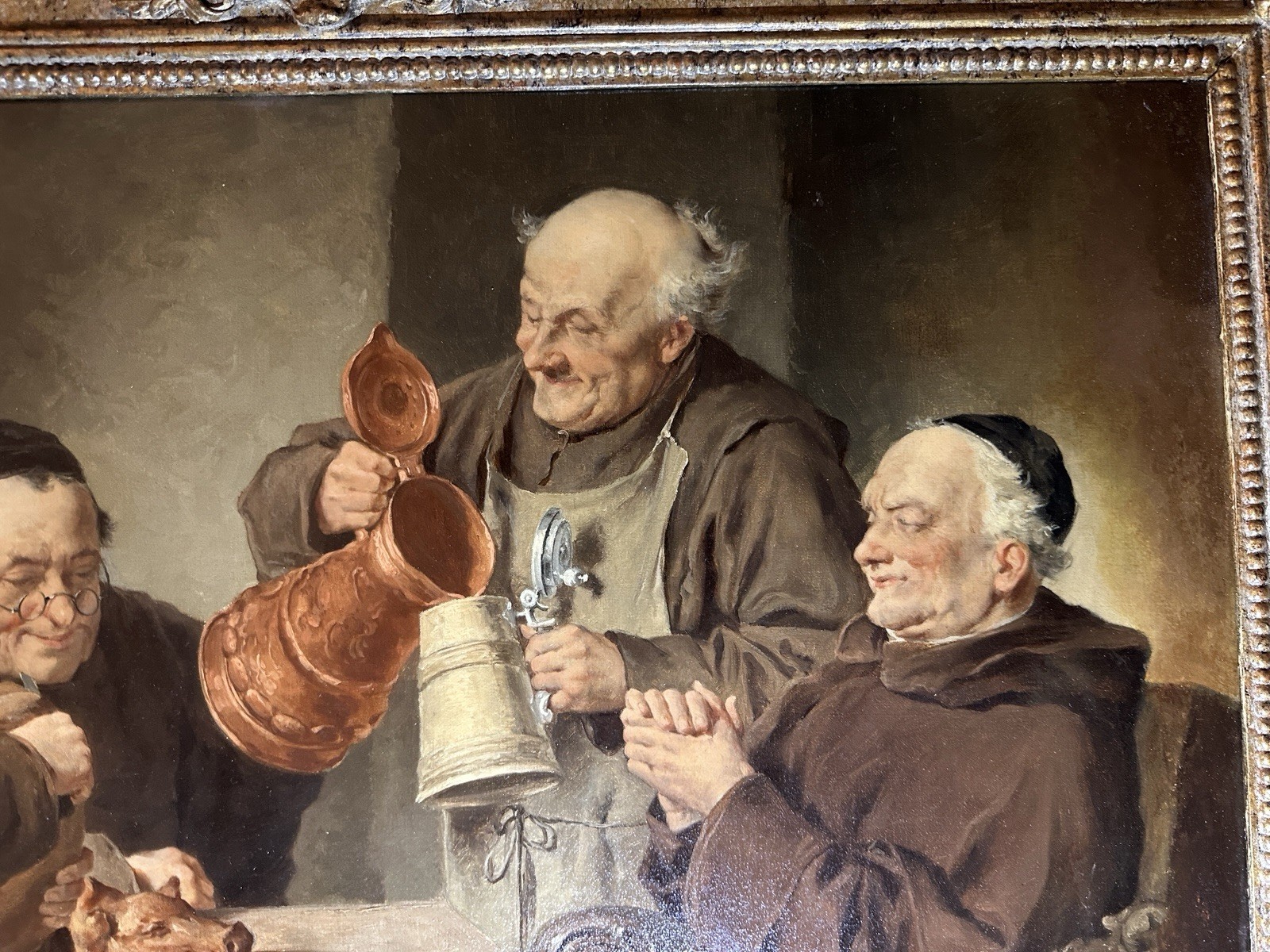 Monks at Table with Stein – Signed “E. Grutzner” – Oil on Wood Panel Painting