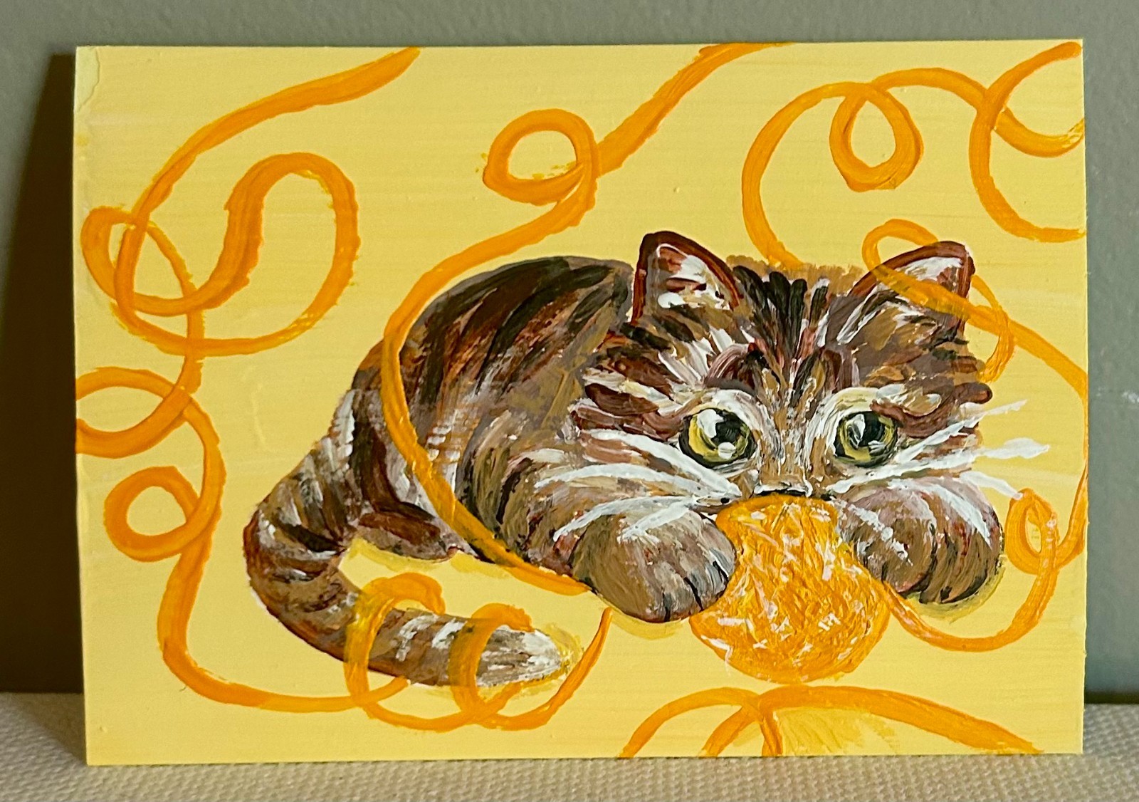 ACEO Original Acrylic Art by AnneliseK, Cat kitty with Yellow Yarn, 2.5 X 3.5in